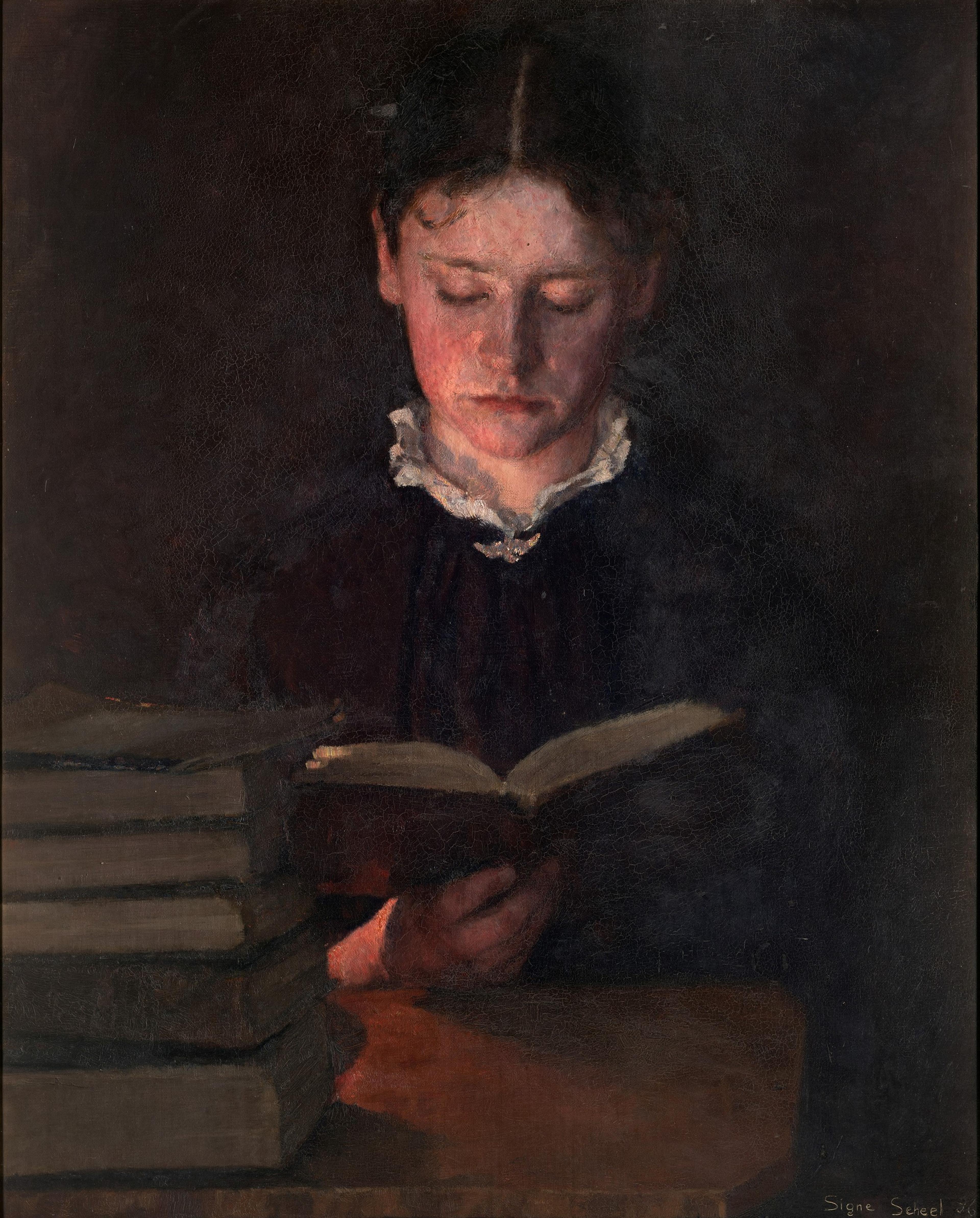 Maleri av en ung kvinne som leser en bok