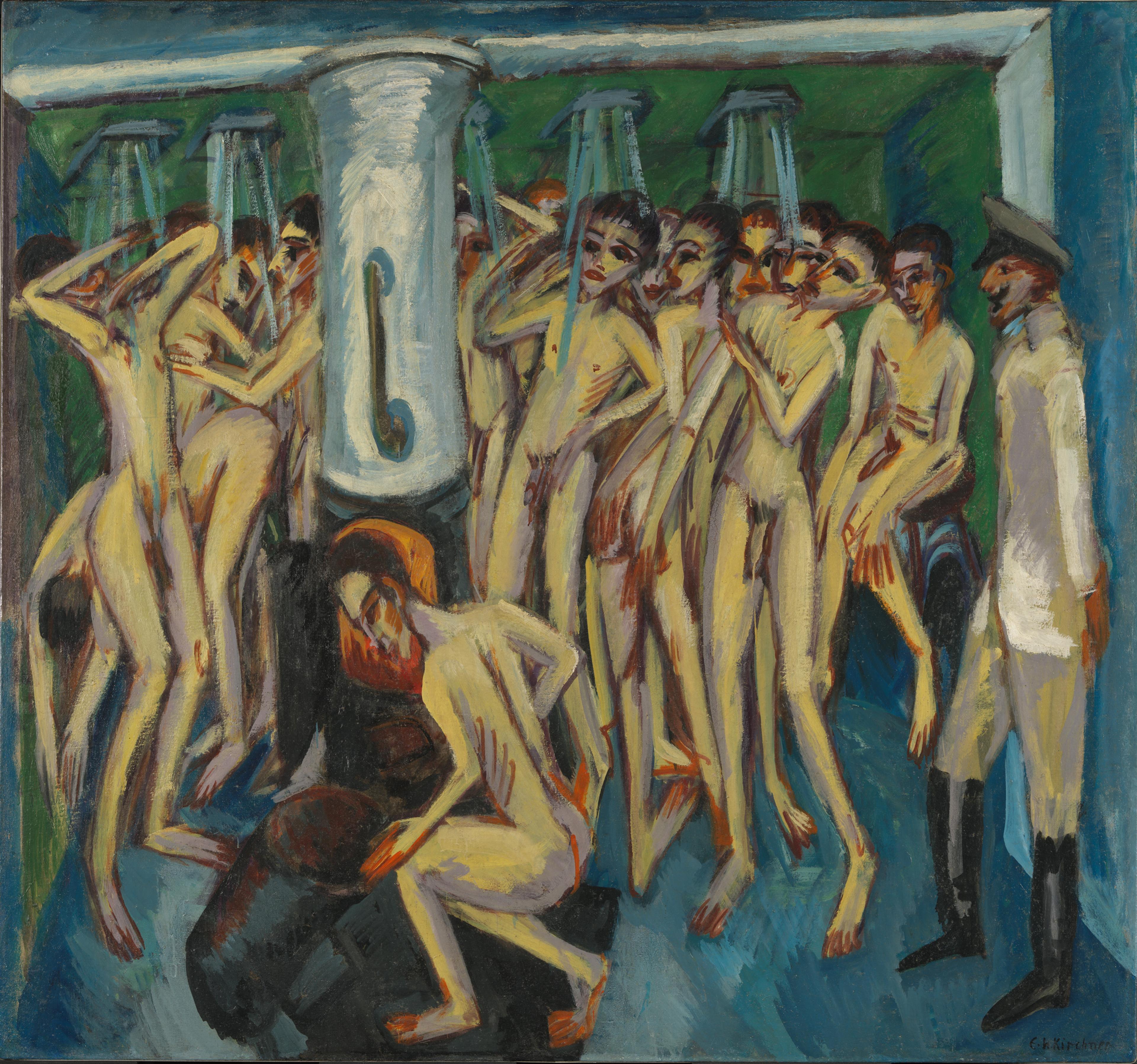 Et ekspressivt maleri av soldater som dusjer i en fellesdusj.