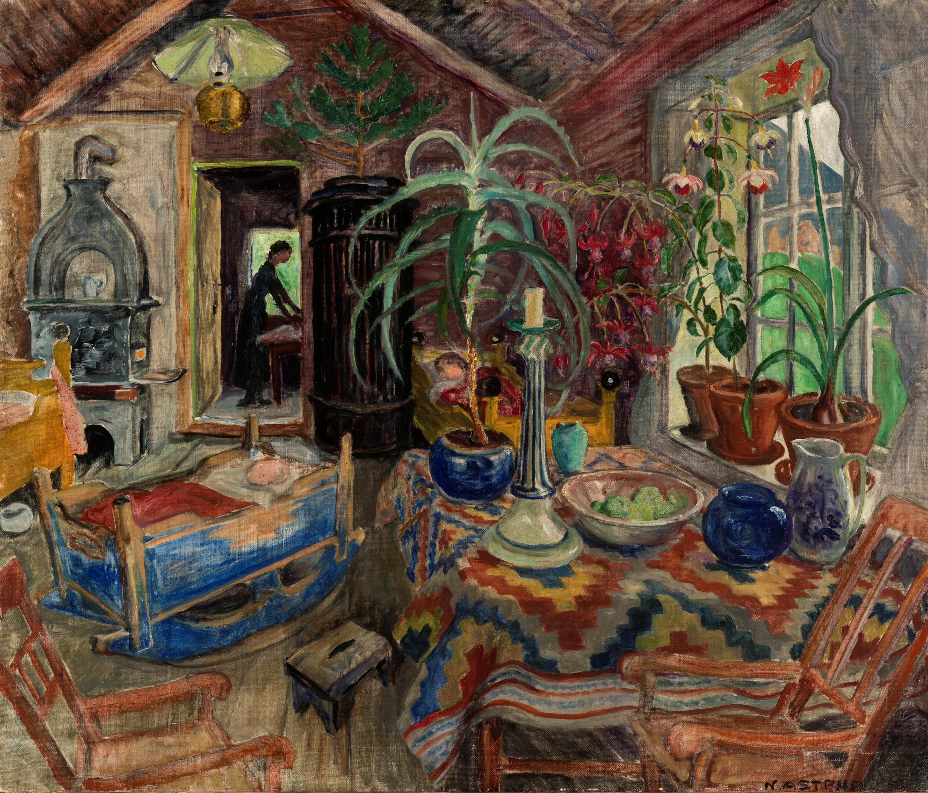 Et maleri av Nikolai Astrup, som viser et interiør skildret i rike farger. En kvinne i bakgrunnen, med to barn i forgrunnen, liggende i en vugge og en seng.