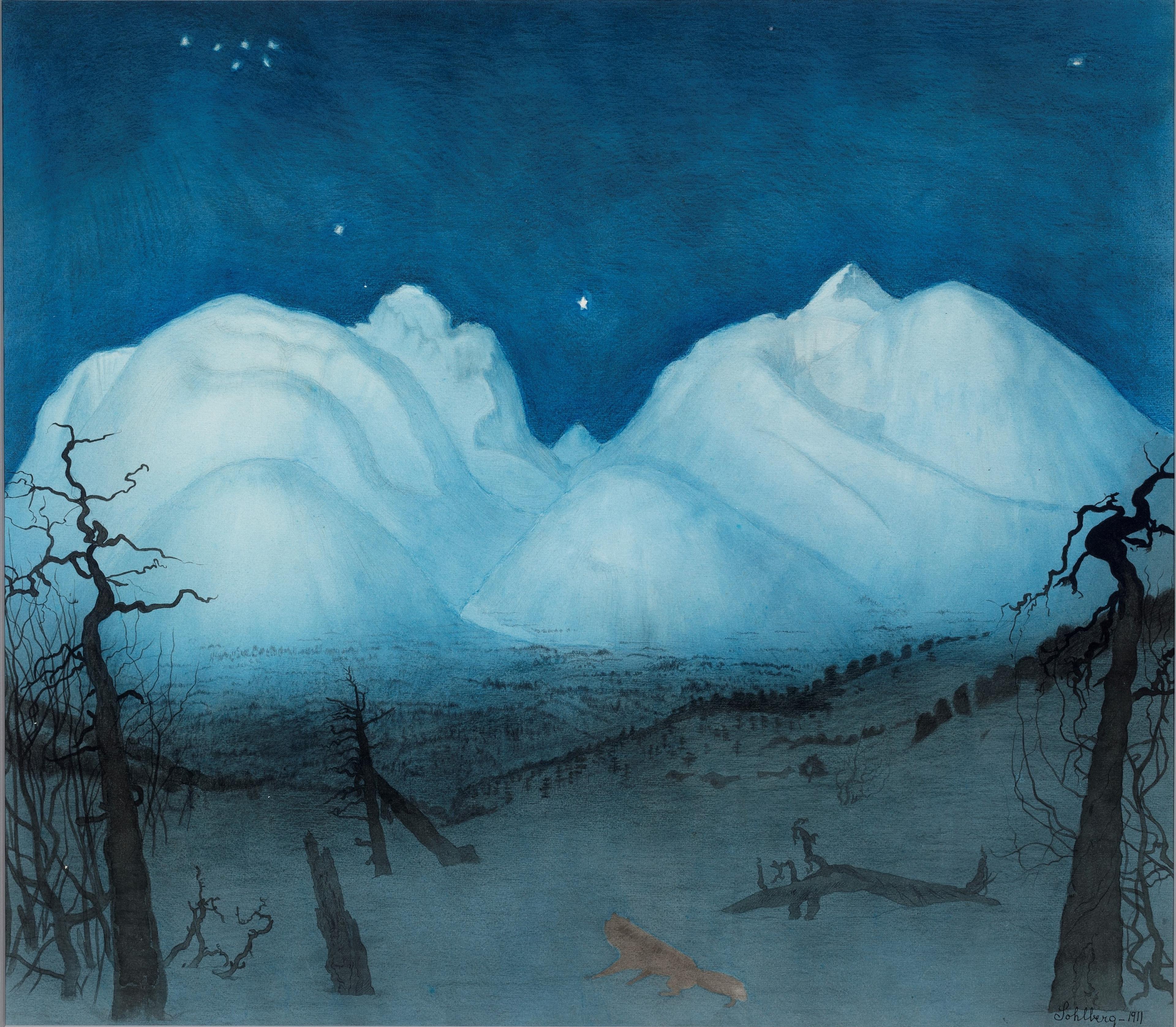 Maleri av fjell i isblå toner, med en mørk blå himmel med stjerner