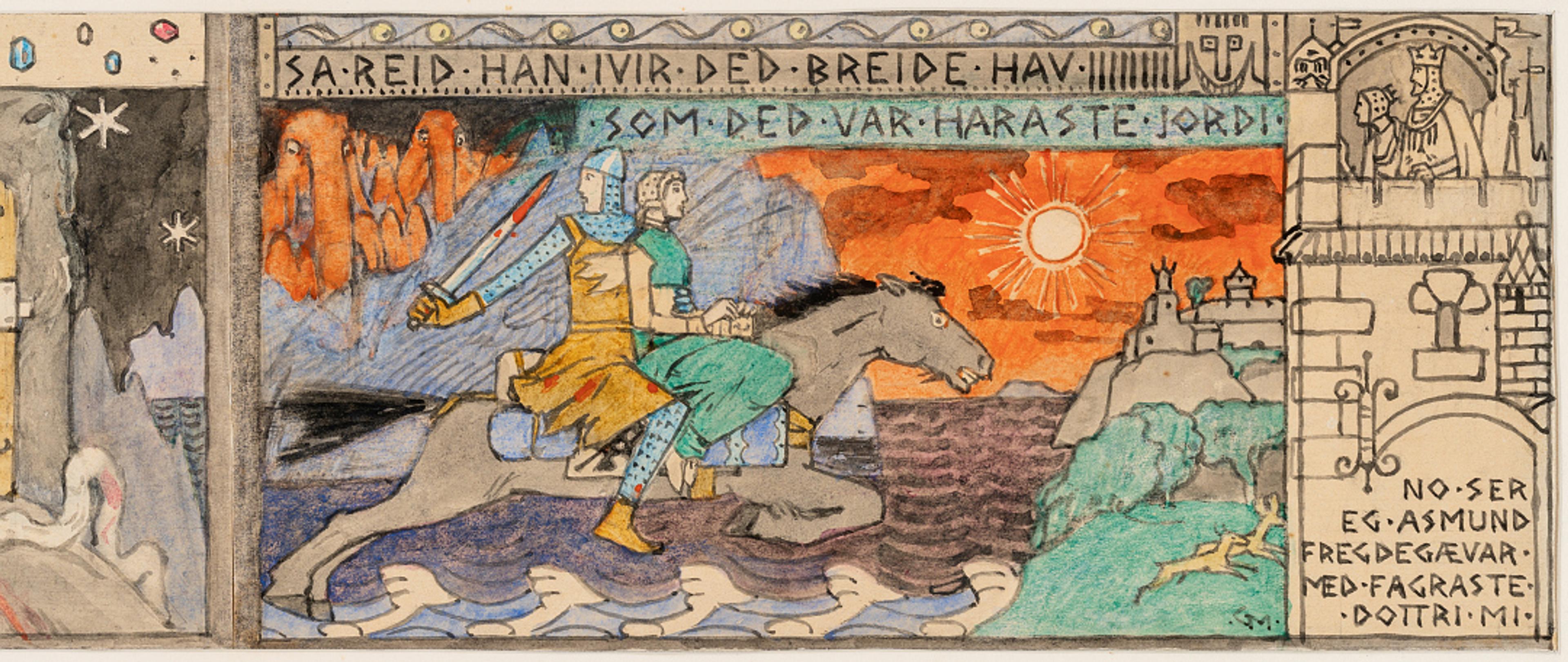 Åsmund og prinsessen rir hjem/ Åsmund and the Princess rides home, 1902–1904   Gerhard Munthe, (1849–1929)	  Akvarell, blekk og blyant på papir / Watercolor, ink and pencil on paper  Kode, Rasmus Meyers samlinger / The Rasmus Meyer Collection	