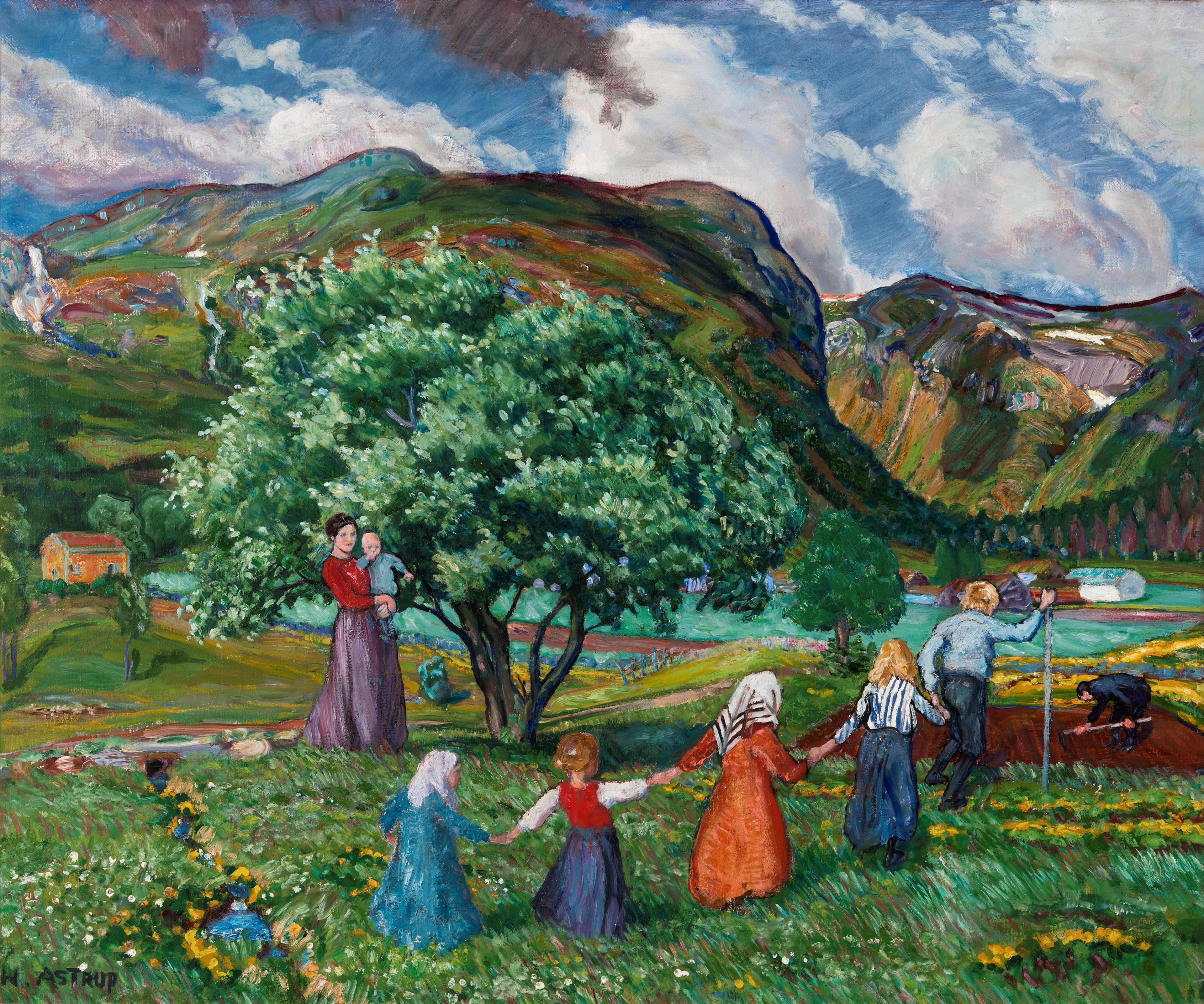 Et maleri som viser barn som går hånd i hånd på en blomstereng. En kvinne står med et barn på armen og ser på dem, foran et blomstrende tre. Bak dem er store fjell og daler. 