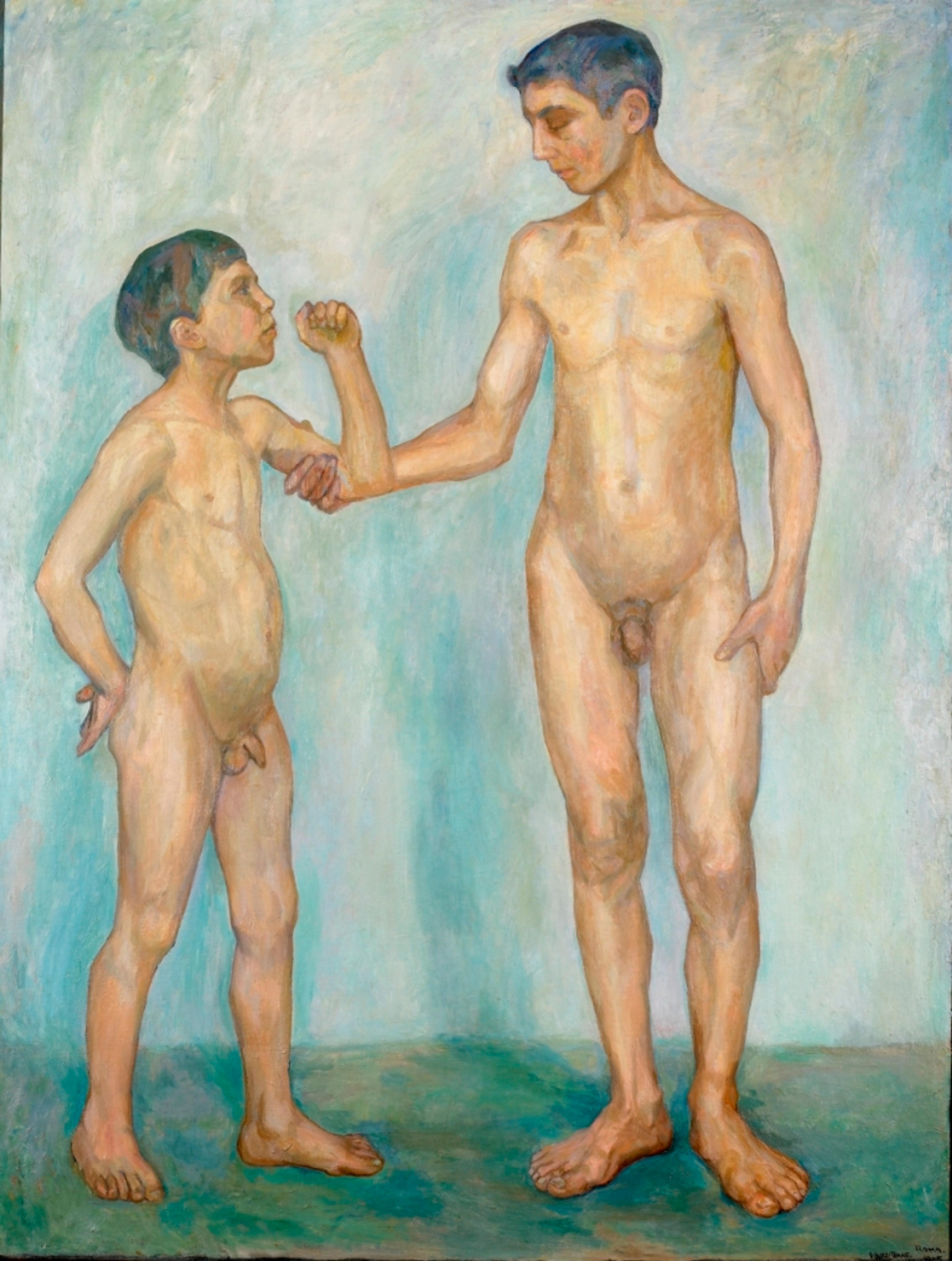 Aktmaleri av to person, en gutt og en ung mann, stående