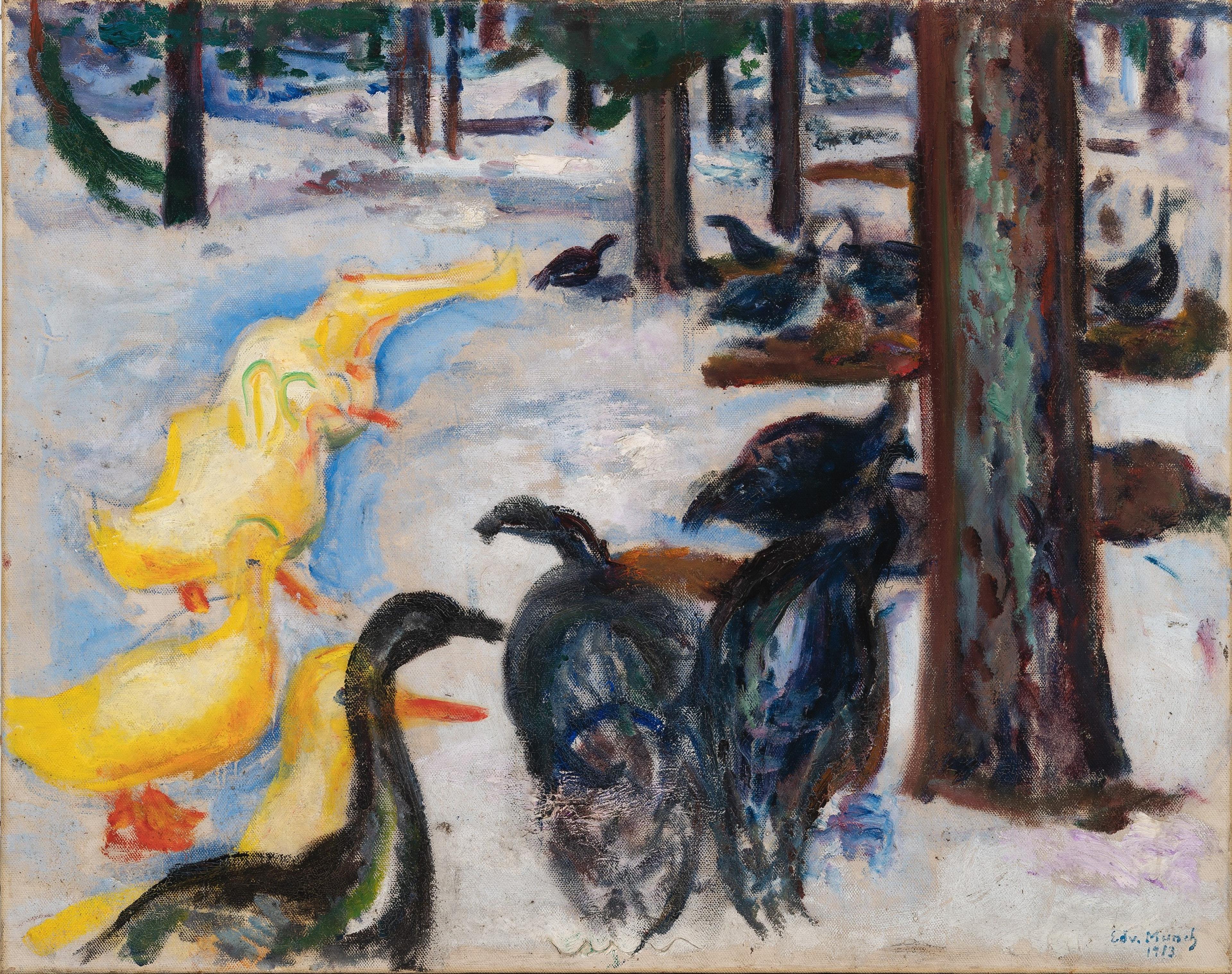 Maleri av en flokk med gule ender og sorte gjess, under trær, på en snødekket overflate