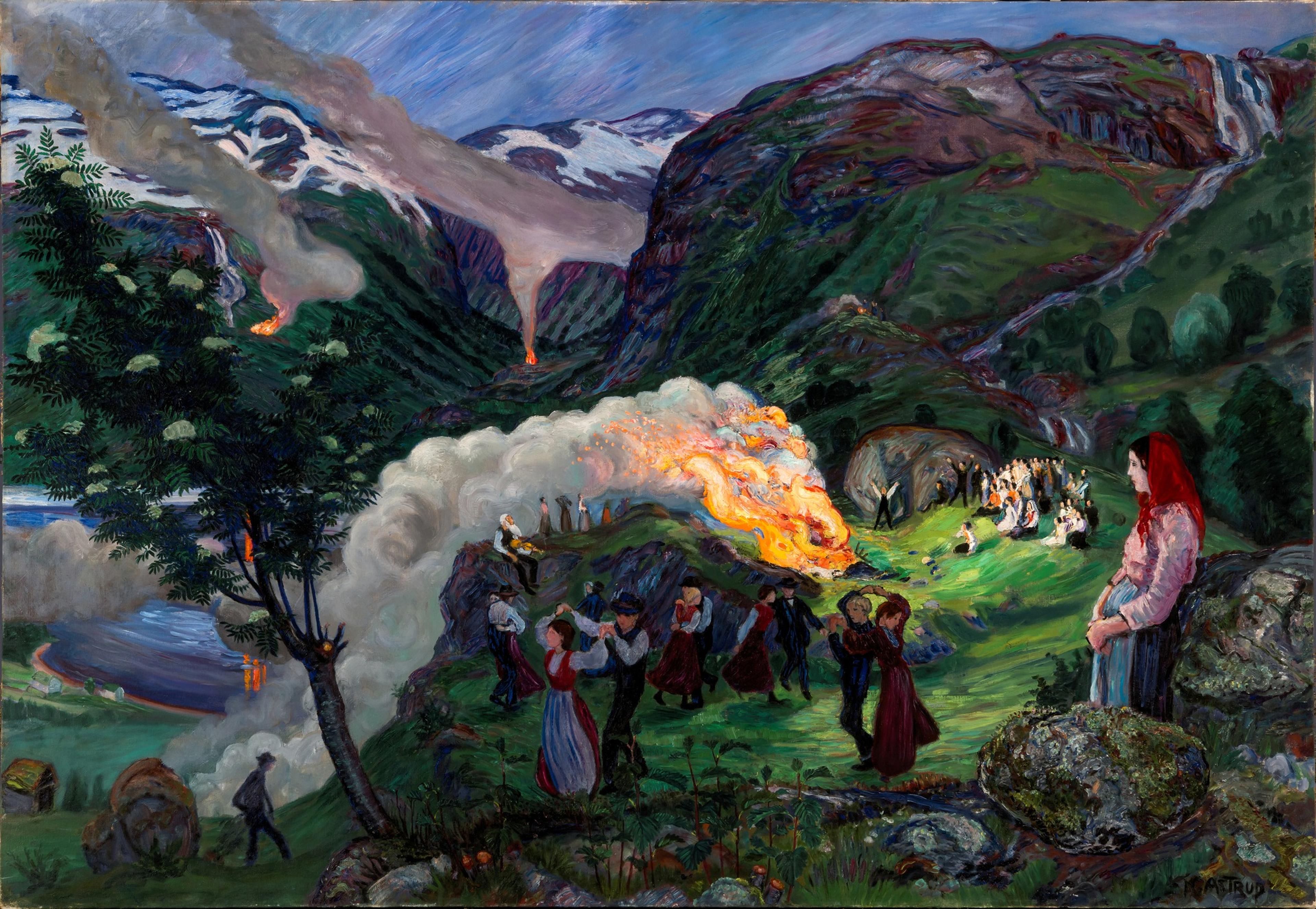 Et landskapsmotiv med fjell i bakgrunnen, og et brennende bål midt i bildet, med dansende mennesker rundt. I forgrunnen til høyre ser vi en kvinne som betrakter scenen rundt bålet.