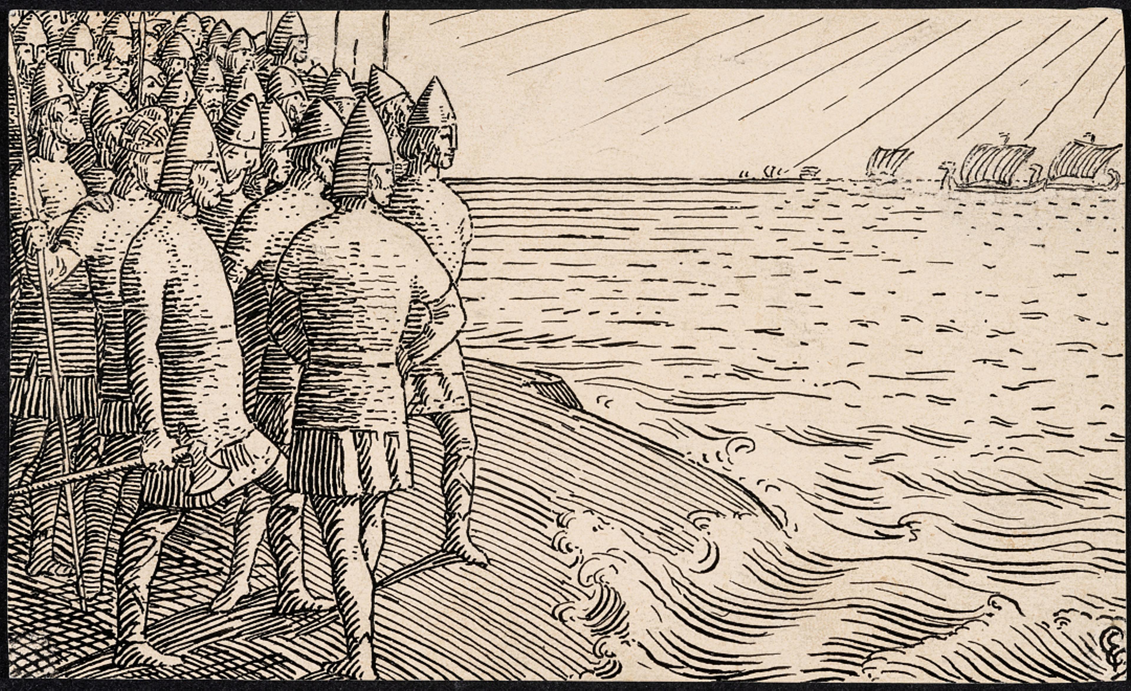 Høvdingene ser på holmen Olavs skip seile forbi / The Cieftains see the Ship of Olav pass the Islet, 1899 (est.)	   Halfdan Egedius, (1877–1899)  Blekk og blyant på papir / Ink and pencil on paper  Kode, Rasmus Meyers samlinger / The Rasmus Meyer Collection 