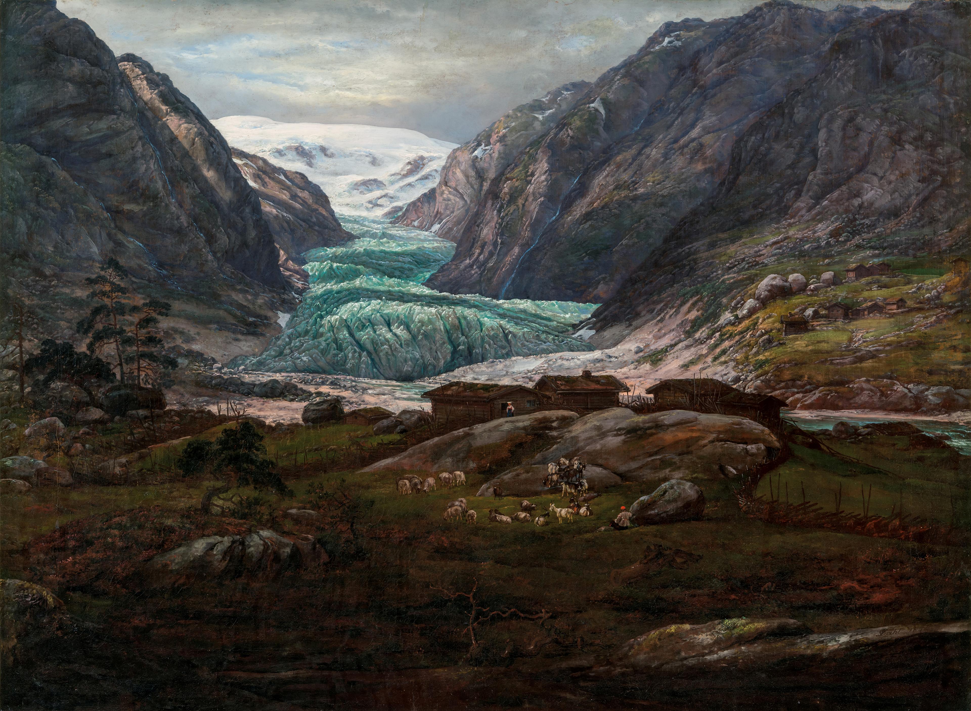 Et maleri av J.C. Dahl som viser et norsk landskap med en isbrearm som pløyer seg ned gjennom landskapet