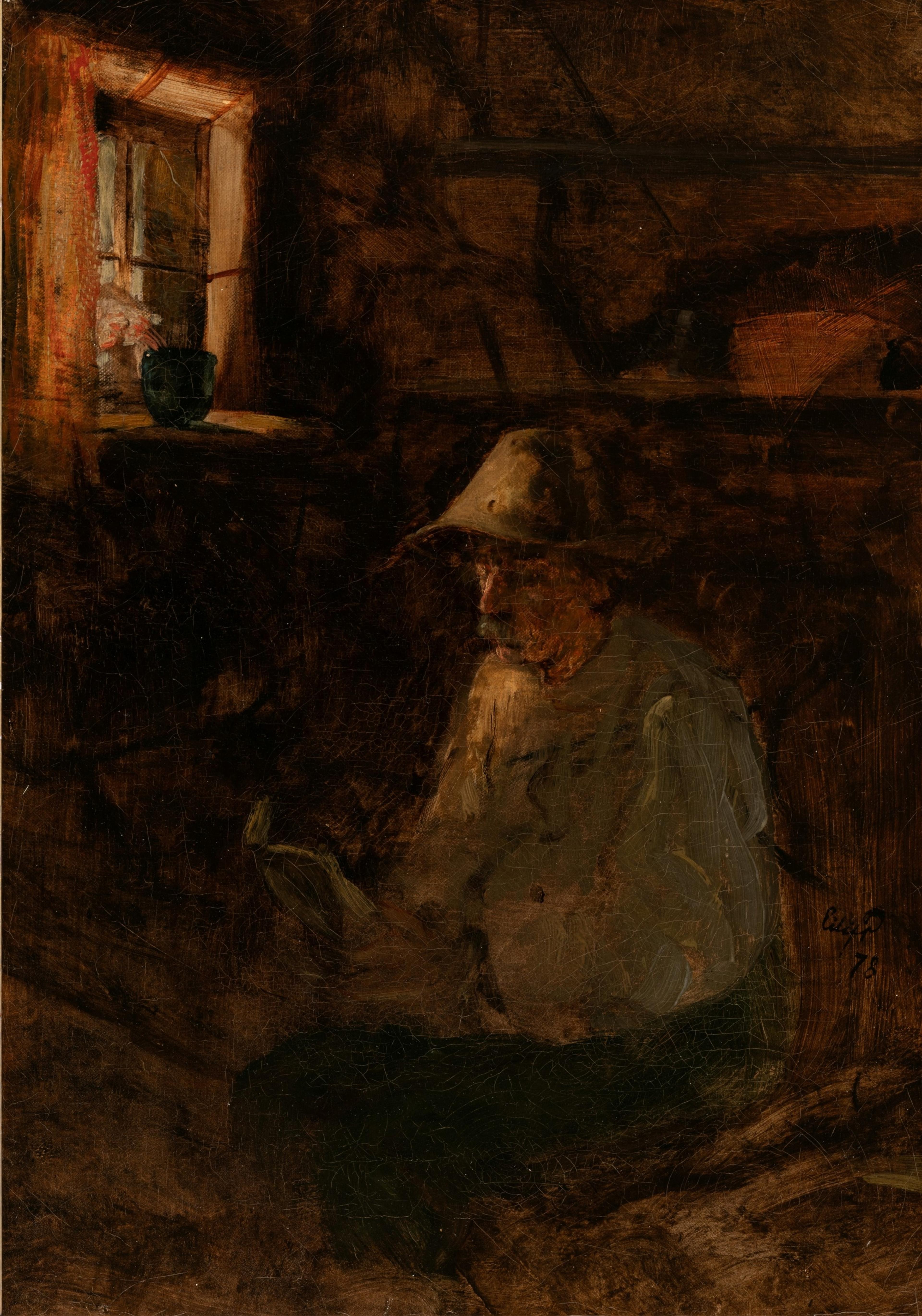 Maleri i mørke bruntoner som viser en mann som leser en bok