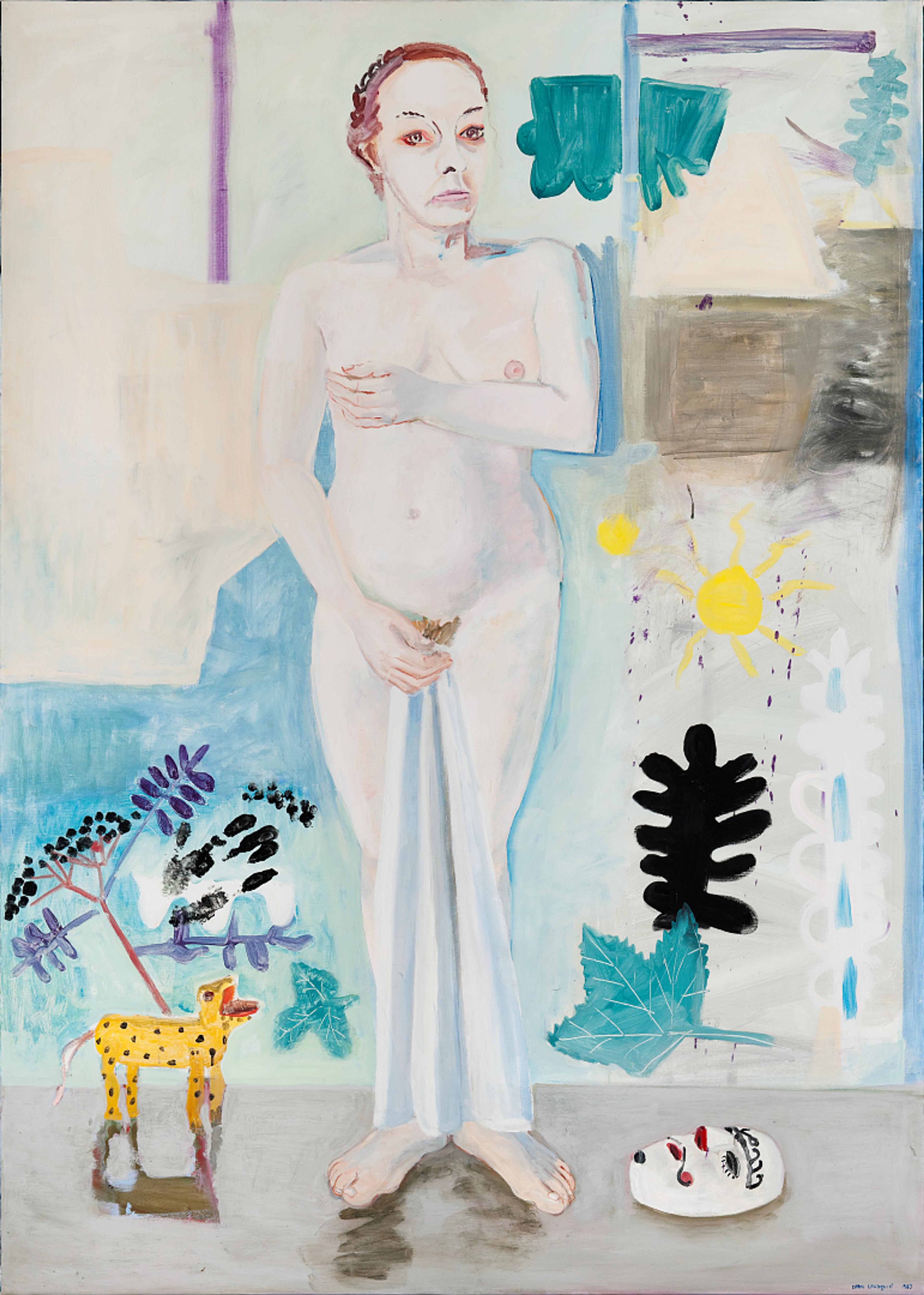 Et maleri som viser en avkledd kvinne, som delvis forsøker skjule seg. Det er malt i kjølige toner i hvitt og blått. 