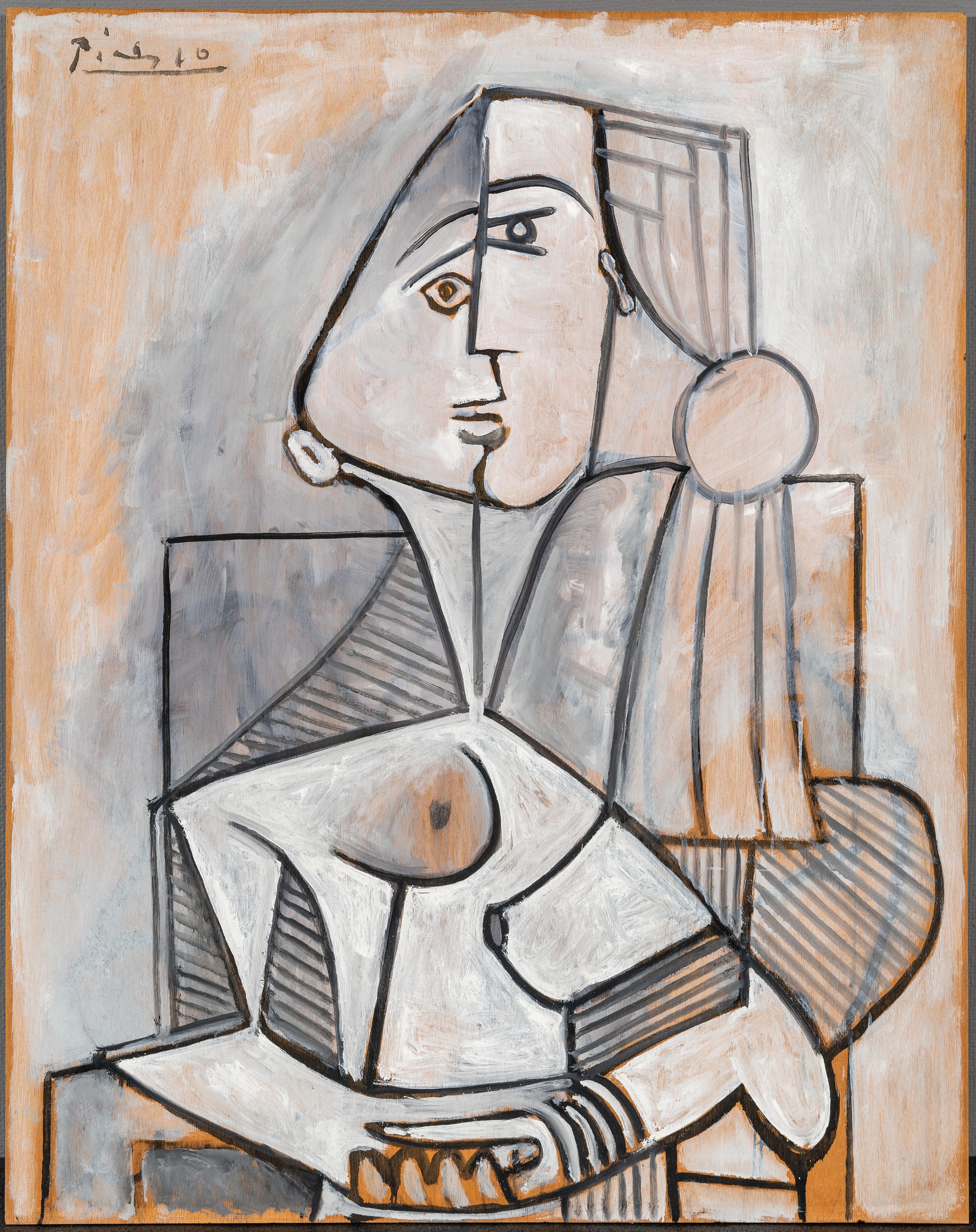 Maleri av Picasso som viser en rekke kantete former satt sammen til å ligne en naken kvinne.