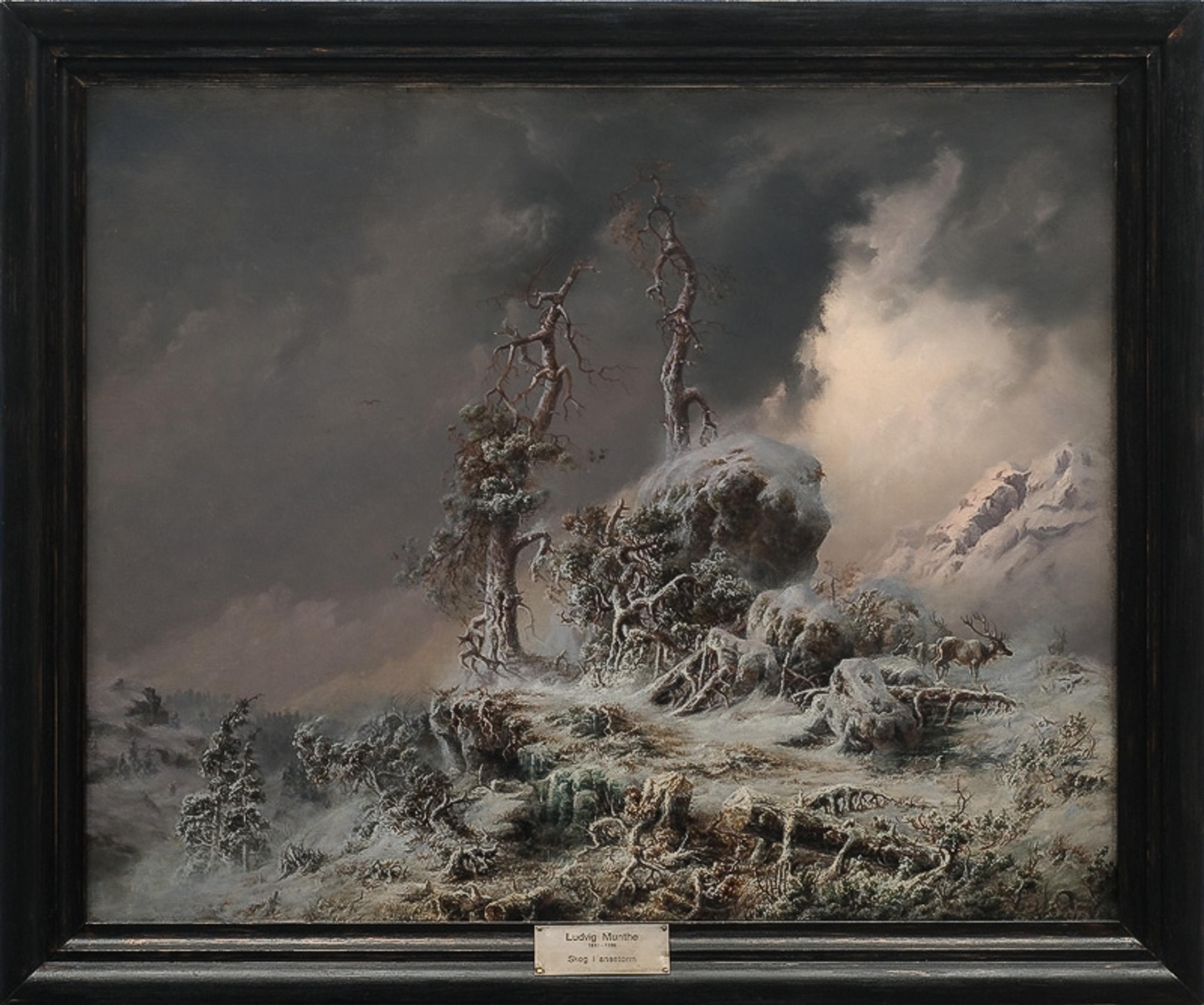 Skog i snøstorm/ Forest in a Snow Storm, ukjent datering / unknown date Ludvig Munthe (1841–1896) Oljepålerret / Oil on canvas Kode