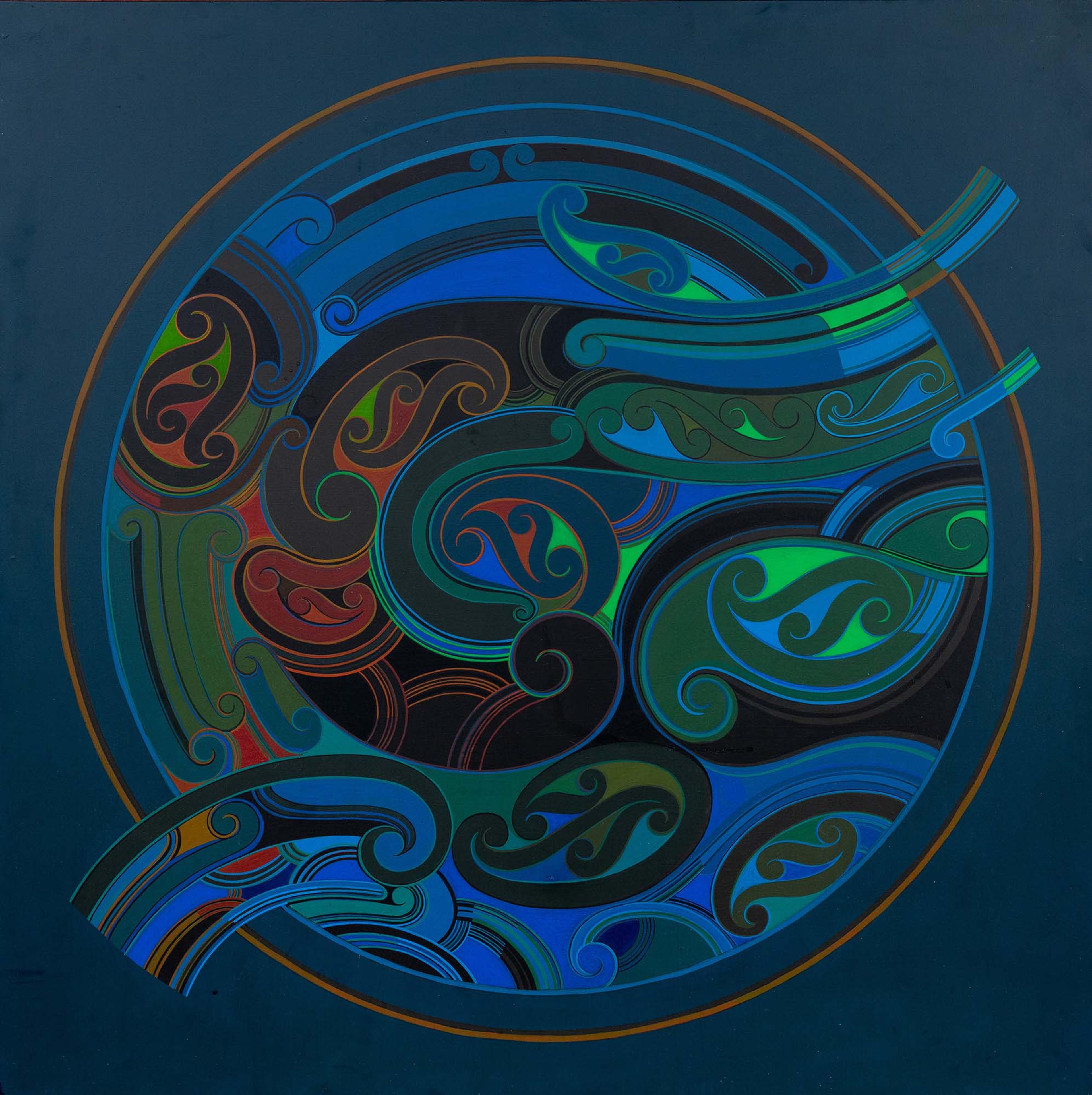 Et abstrakt maleri med snirklede former i ulike farger som går i sirkel.