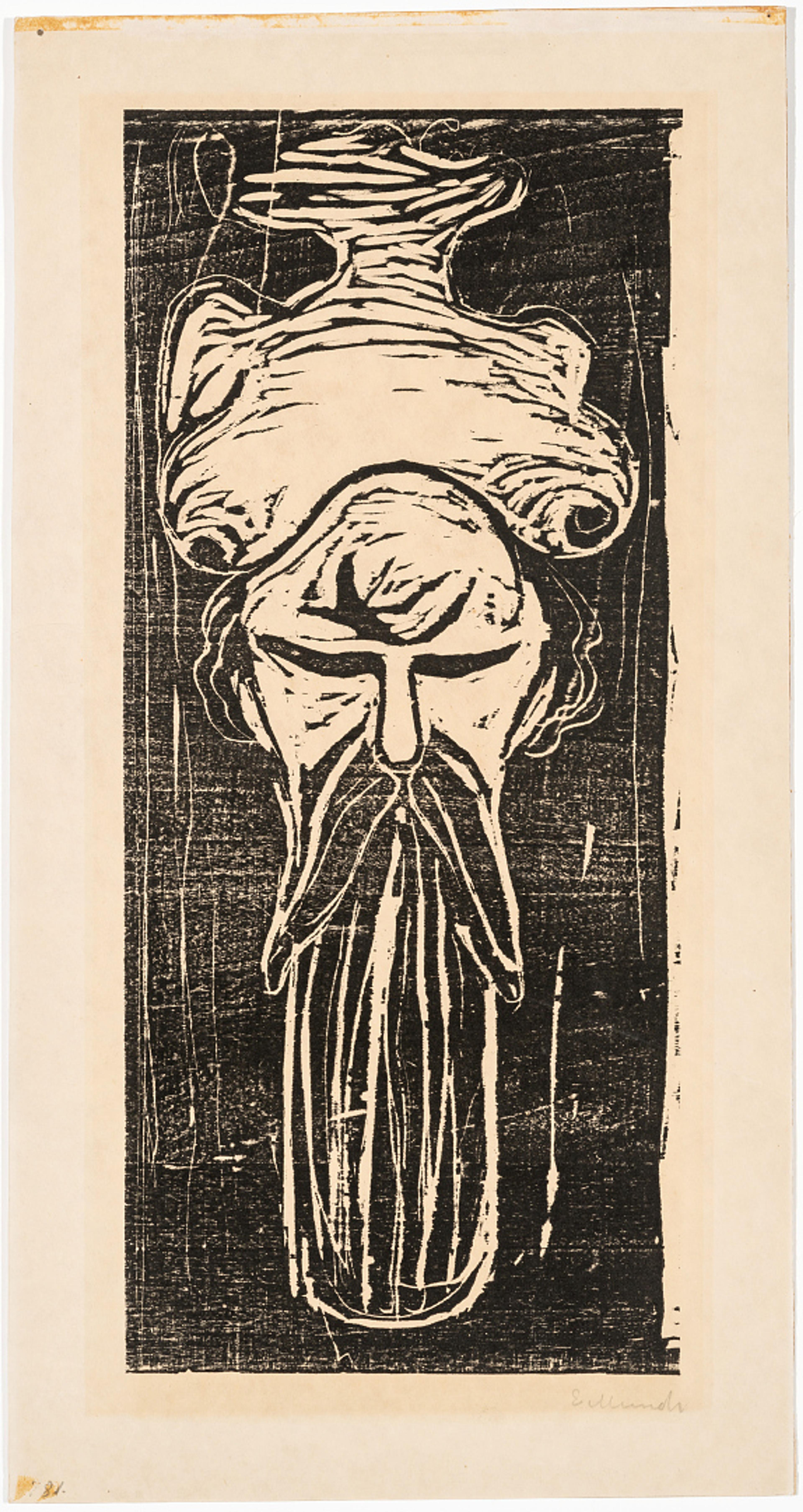 Mannshode under kvinnebryst / Man’s Head Beneath Woman’s Breast, 1898   Edvard Munch (1863–1944)  Tresnitt på papir / Woodcarving on paper  Kode, Rasmus Meyers samlinger / The Rasmus Meyer Collection