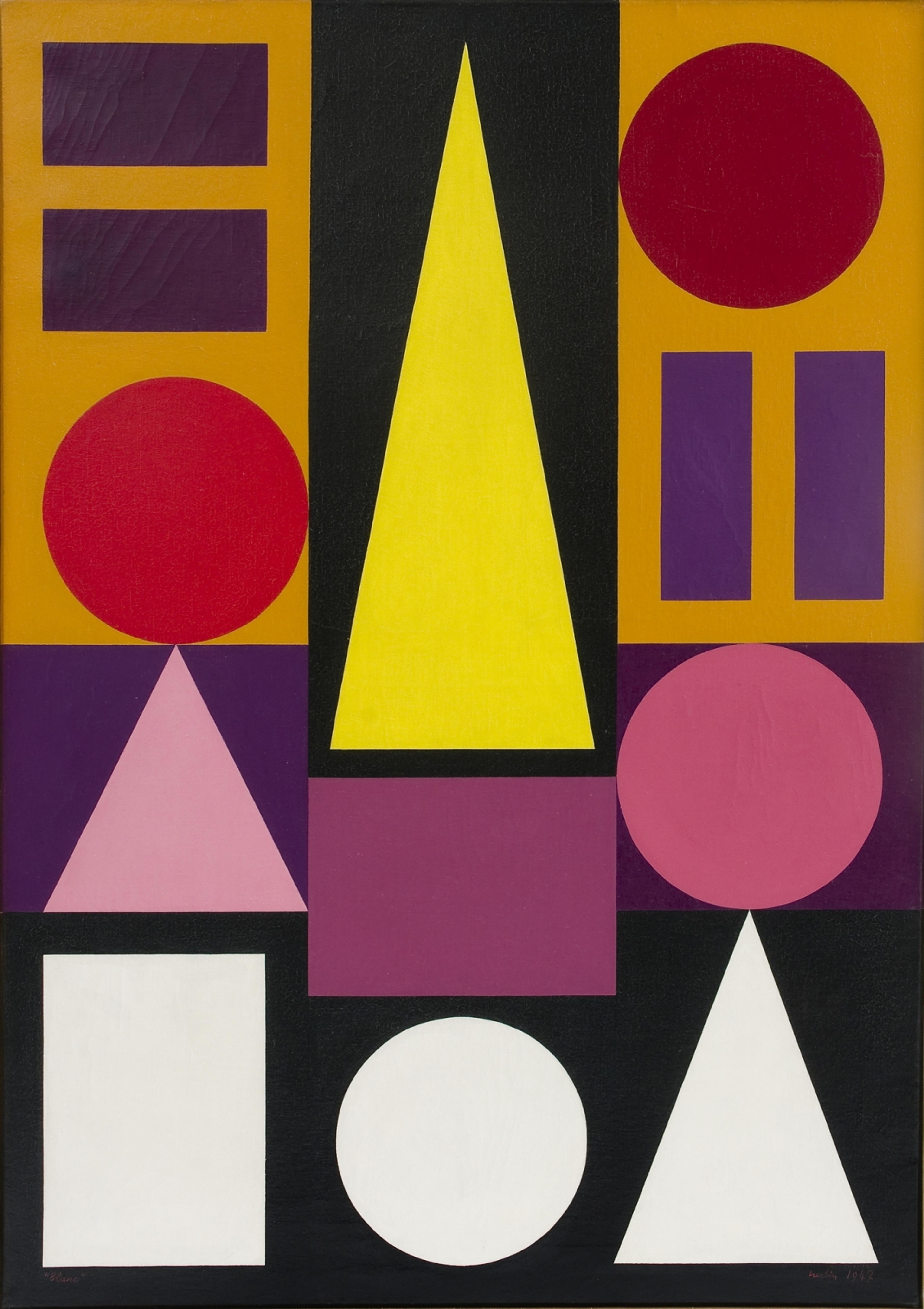 Abstrakt bilde med geometriske former i sort, hvitt, rosa, lilla og gult