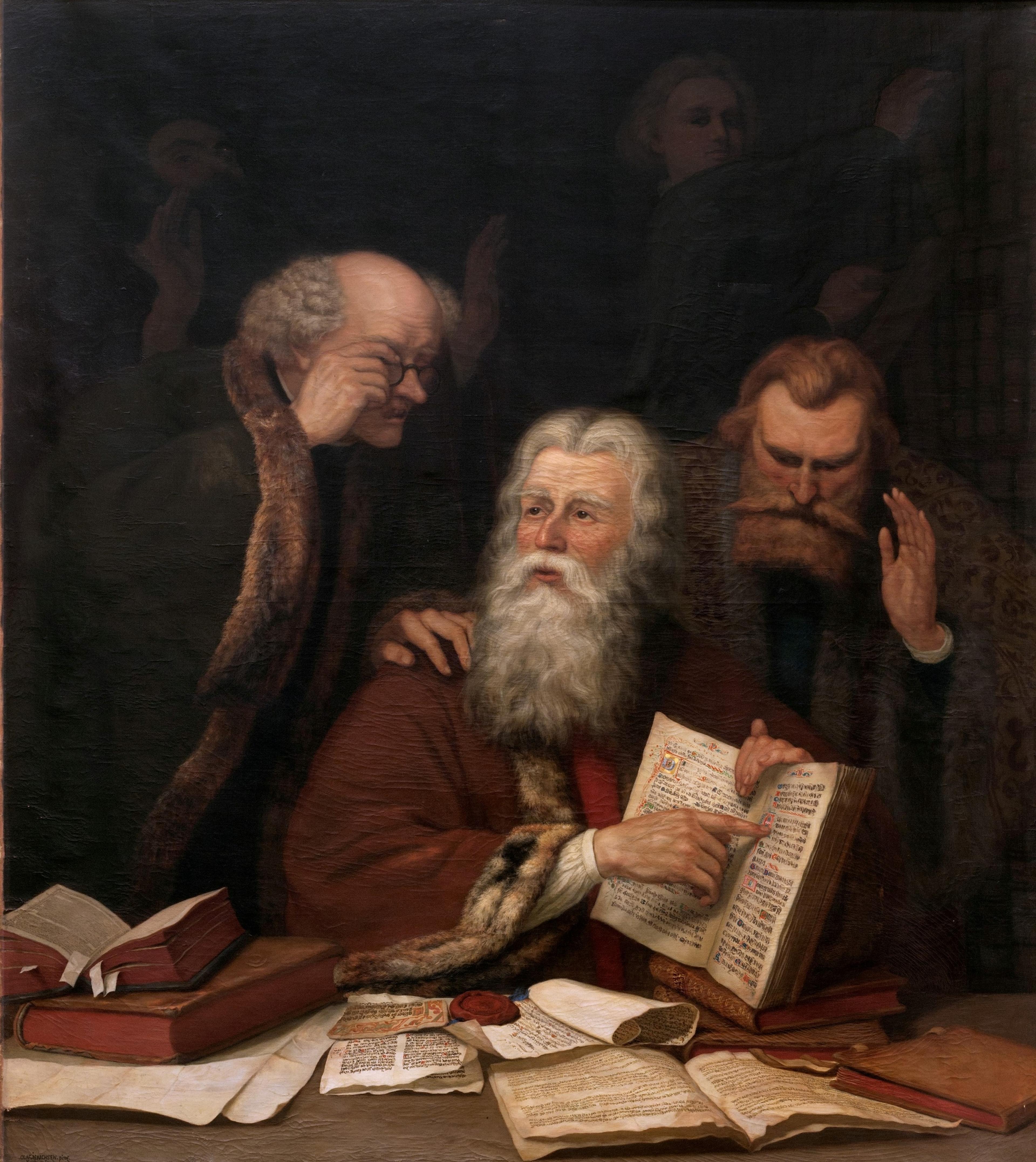 Maleri av tre menn, hvor mannen i midten leser fra en bok som han holder oppslått