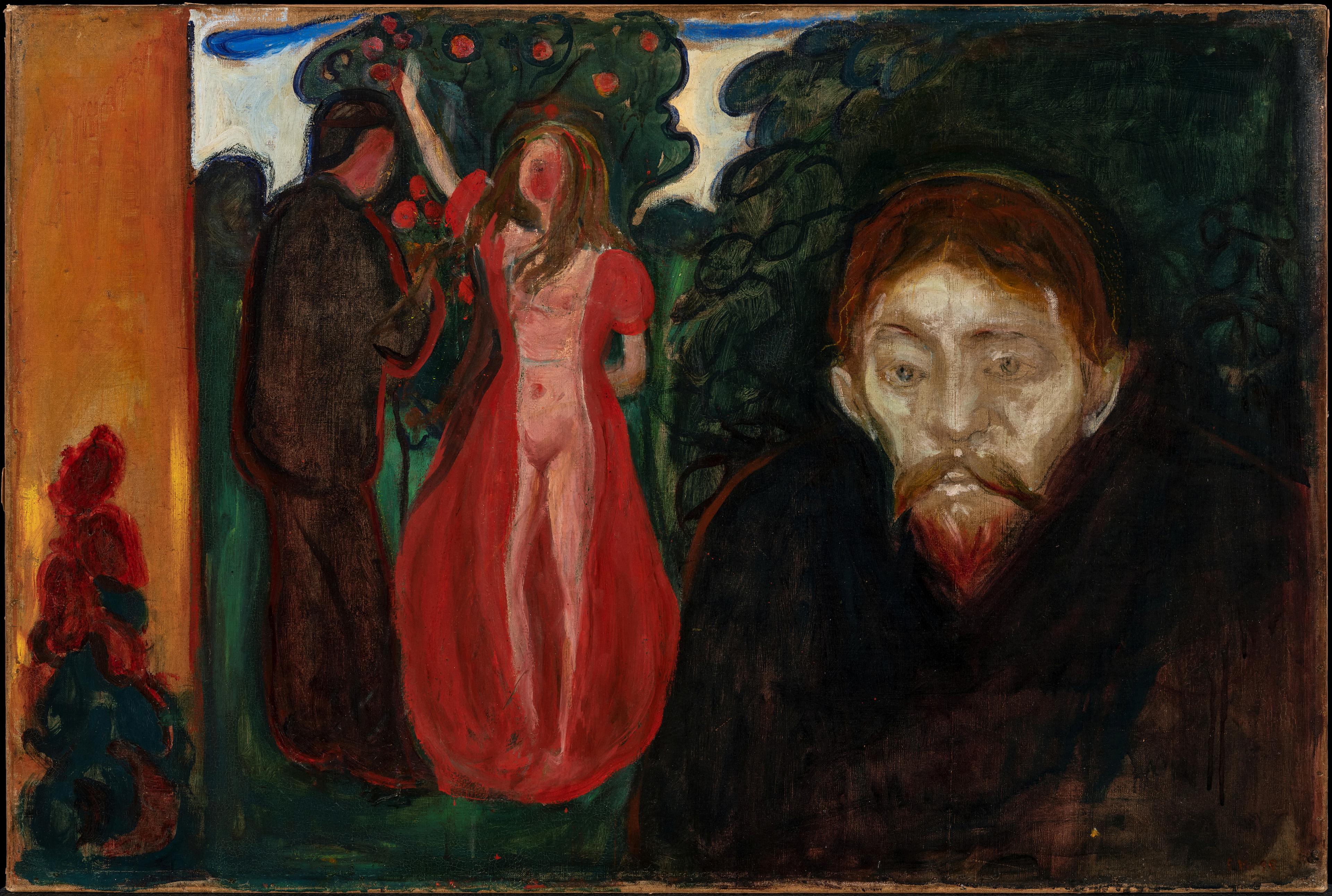 Et maleri av Munch som viser en mann som står i forgrunnen med et dystert uttrykk og mørke klær. I bakgrunnen står en kvinne og en mann ved et epletre. Mannen har mørke klær og er vendt mot kvinnen, hun har en åpen rød kåpe og er naken under.