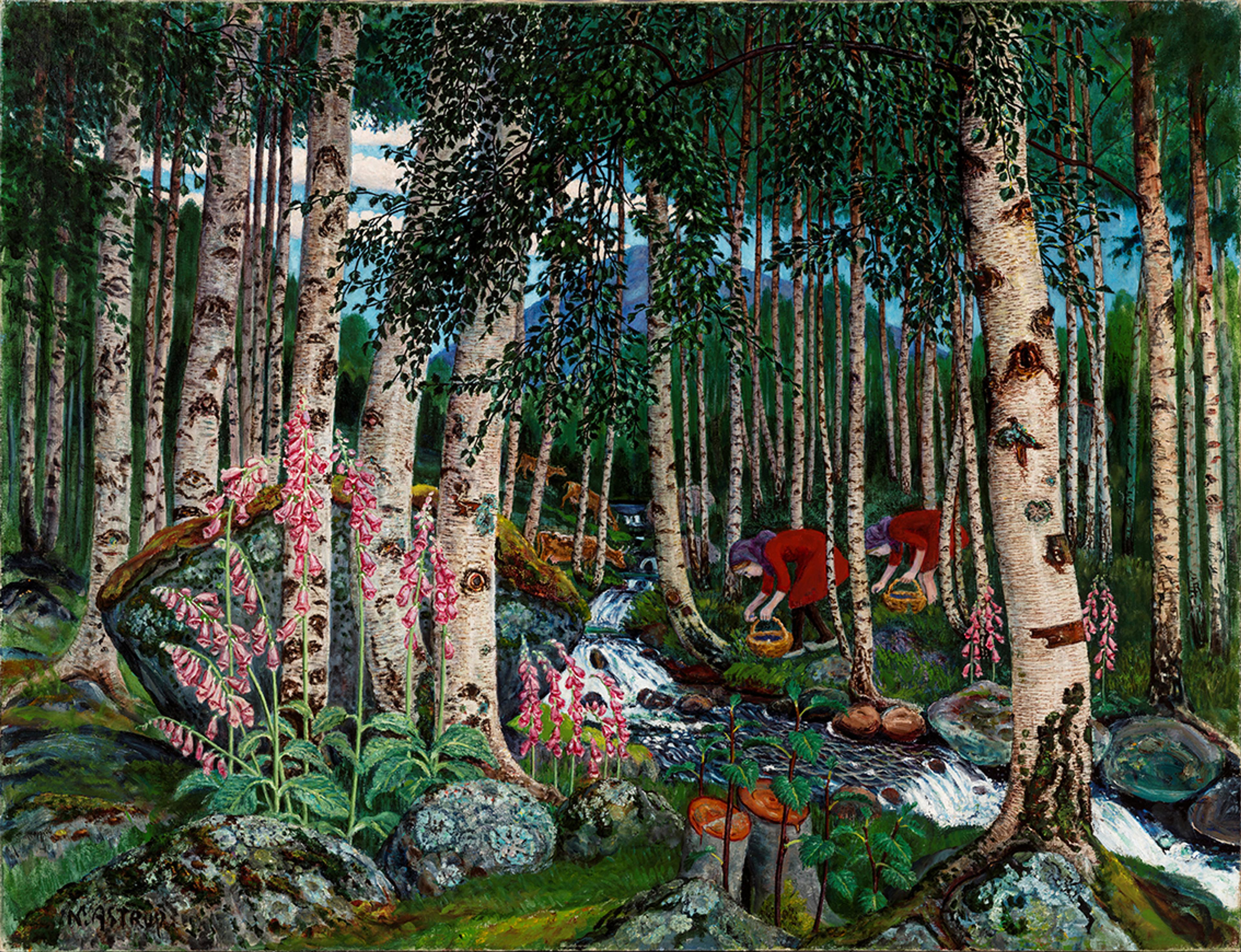 Maleri av Nikolai Astrup som er svært detaljert og viser to jenter i røde kjoler og skaut som plukker noe i korger i en skog. De står ved en liten elv og er omsluttet av bjørketrær som har grønne blader. I front ses en gruppe revebjeller.  