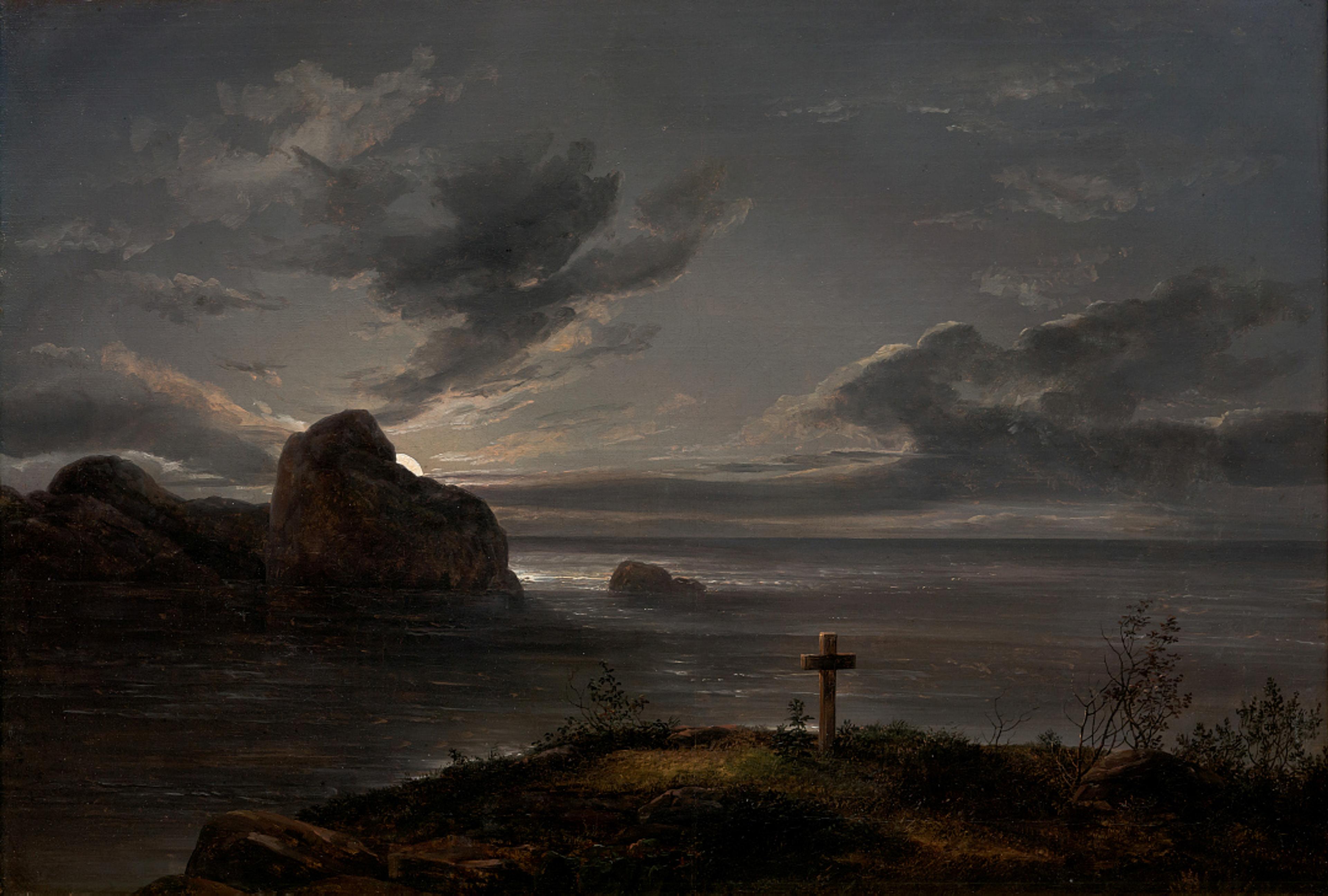 Måneskinn / Moonlight, 1820   Johan Christian Clausen Dahl (1788–1857)  Olje på lerret på treplate / Oil on canvas mounted on a wooden board Kode, Rasmus Meyers samlinger / The Rasmus Meyer Collection 