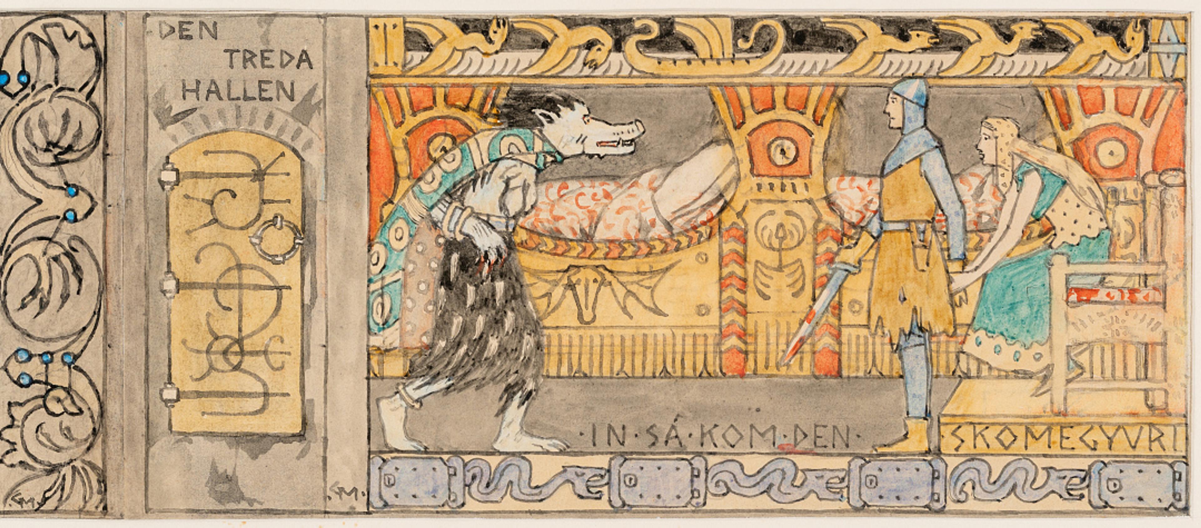 Den tredje hallen / The Third Hall, 1902–1904  Gerhard Munthe (1849–1929)  Akvarell, blekk og blyant på papir / Watercolor, ink and pencil on paper  Kode, Rasmus Meyers samlinger / The Rasmus Meyer Collection 