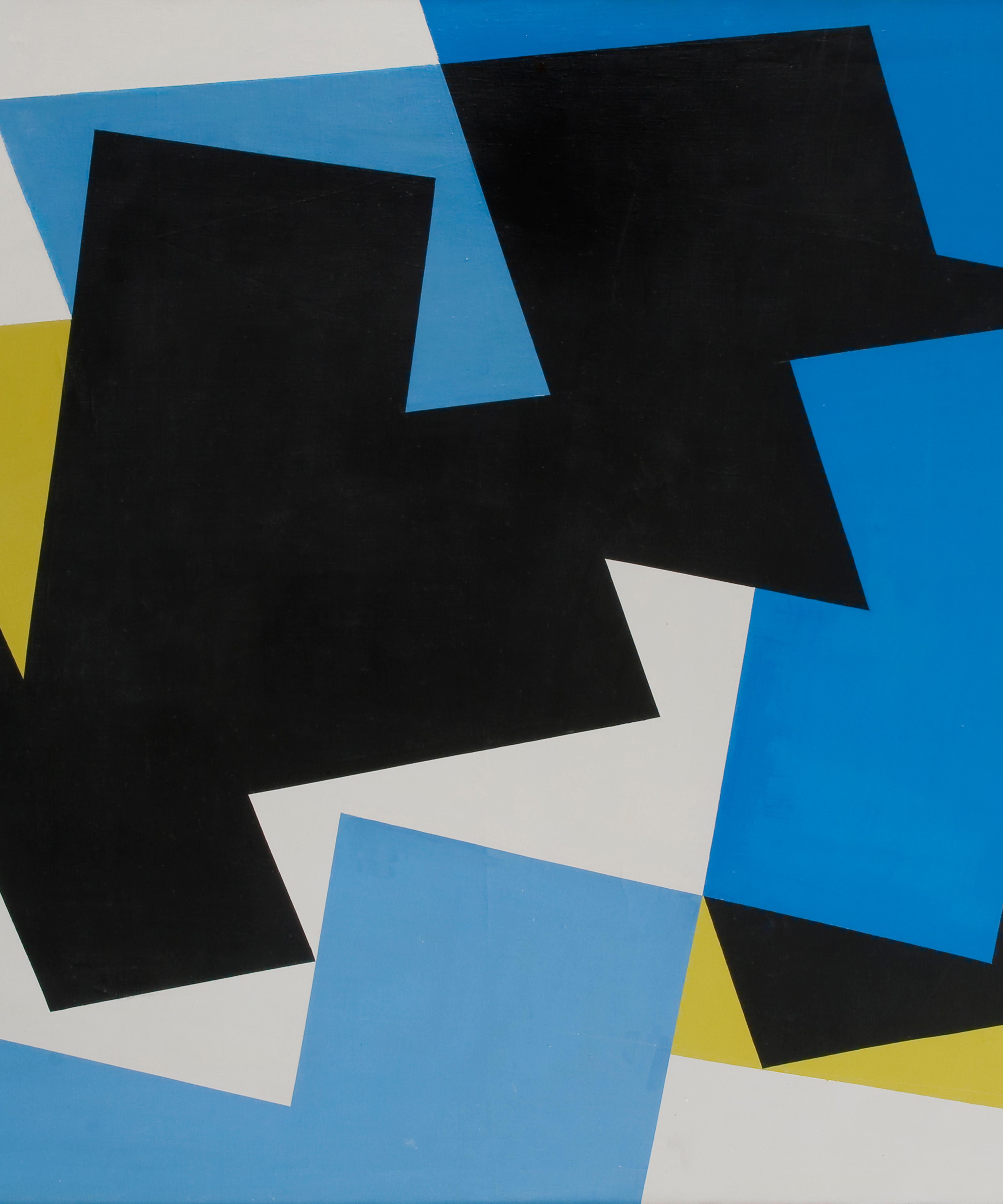 Et abstrakt maleri med geometriske former i mange farger