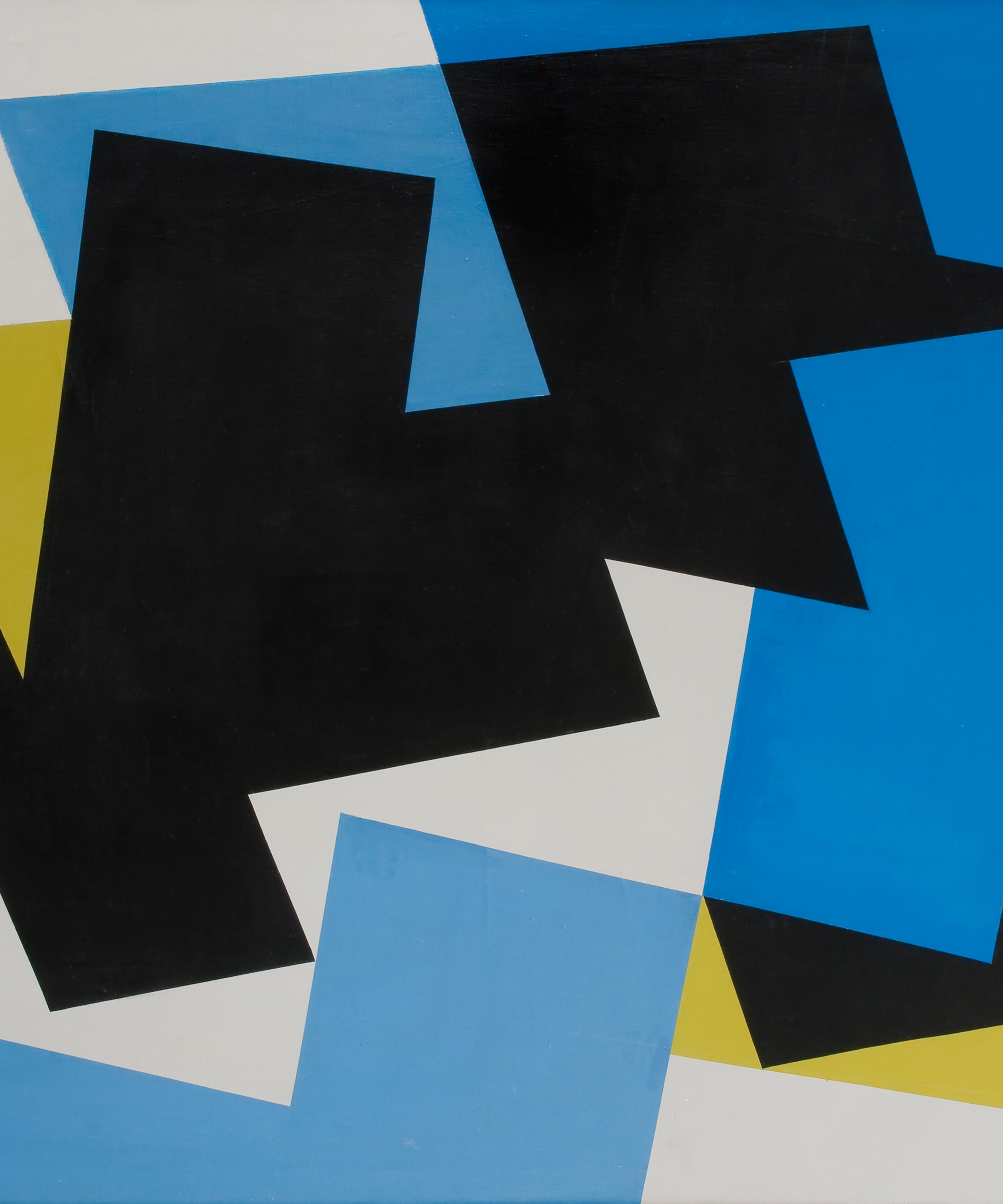 Et abstrakt verk i hvitt, turkis, sort og gult, i firkantete former