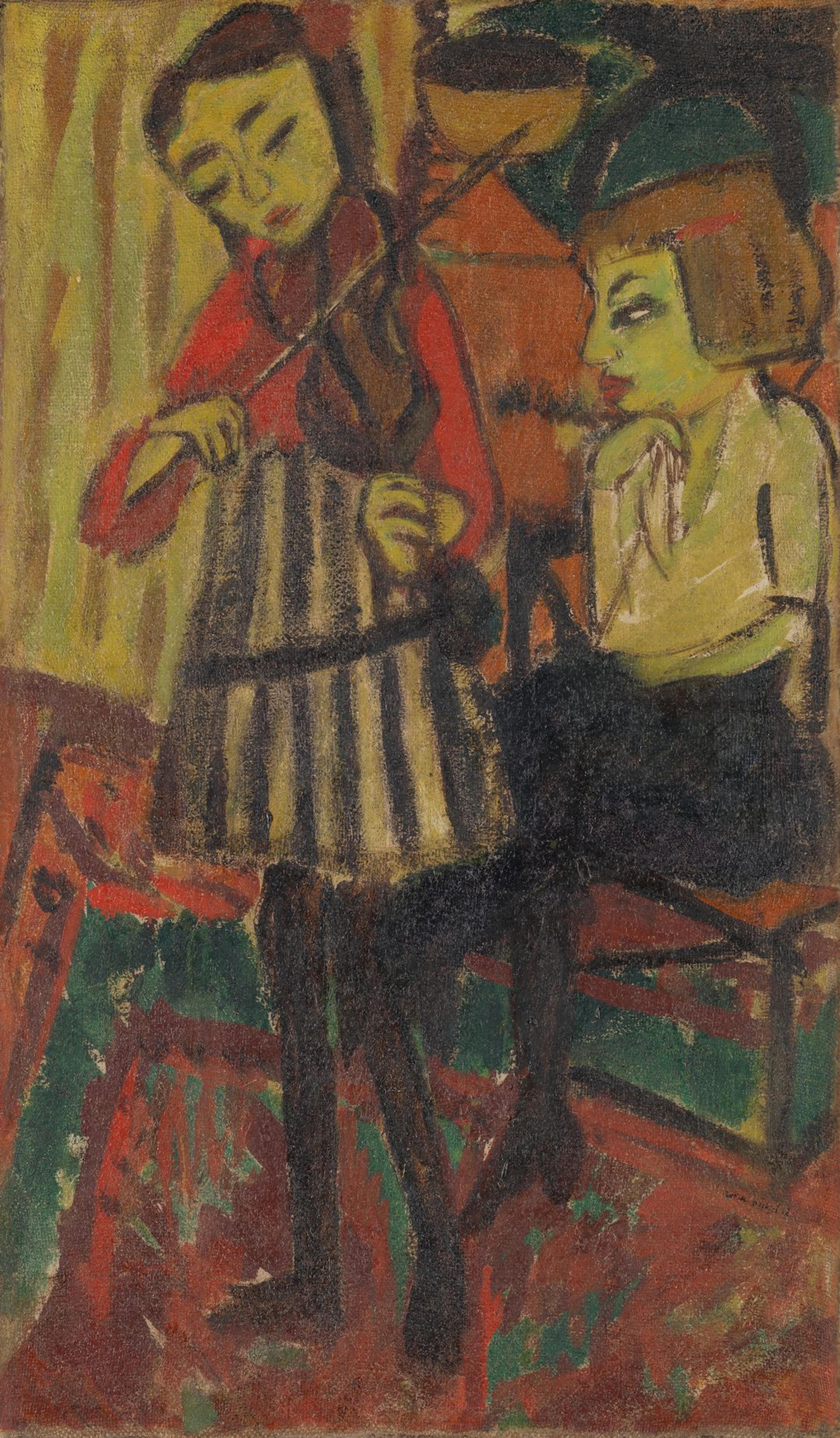 Et maleri viser en kvinne som spiller fiolin mens en annen kvinne sitter til høyre og lytter. Det er utført i røde og grønne toner med sorte omriss.