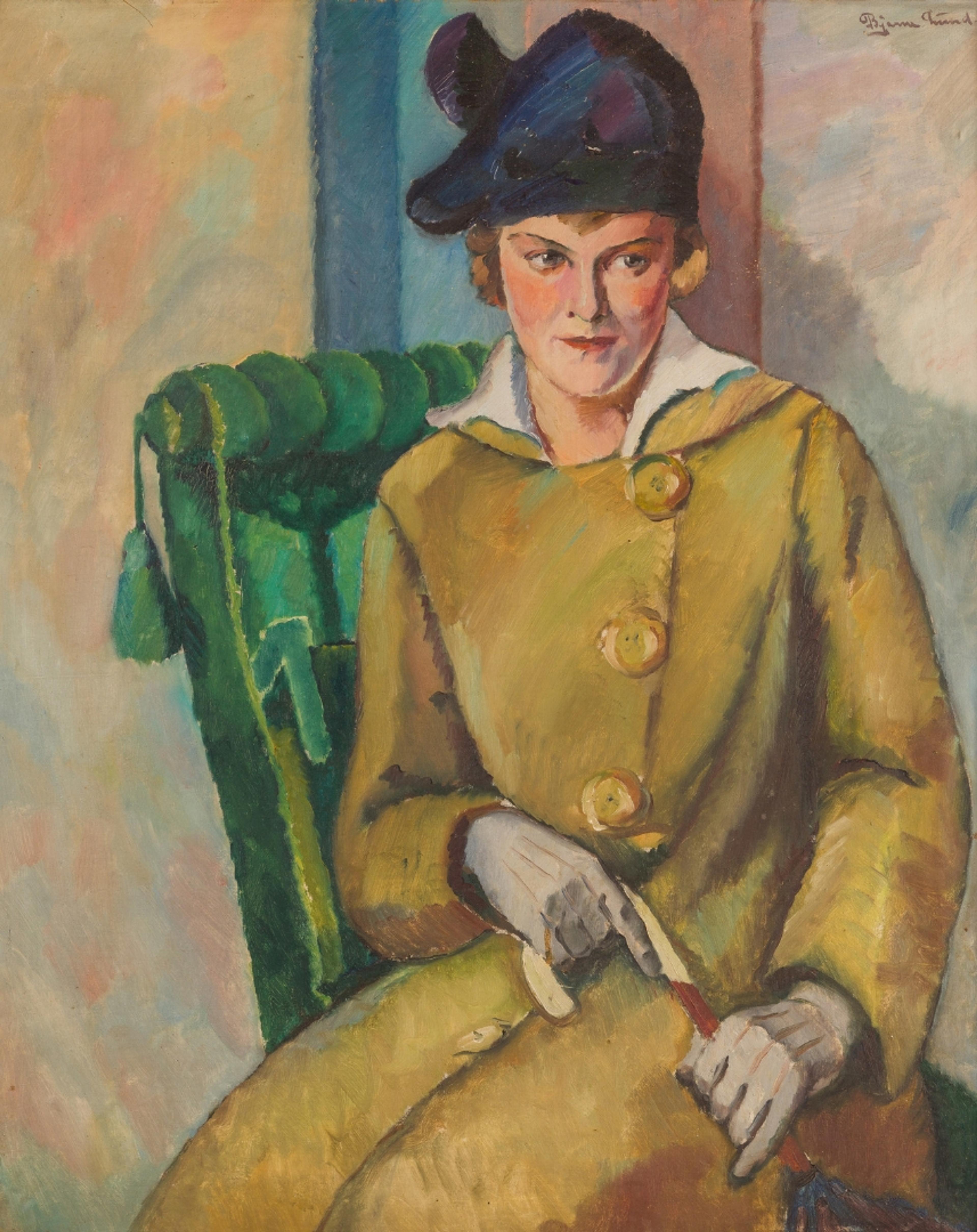 Maleri av en kvinne i gul frakk