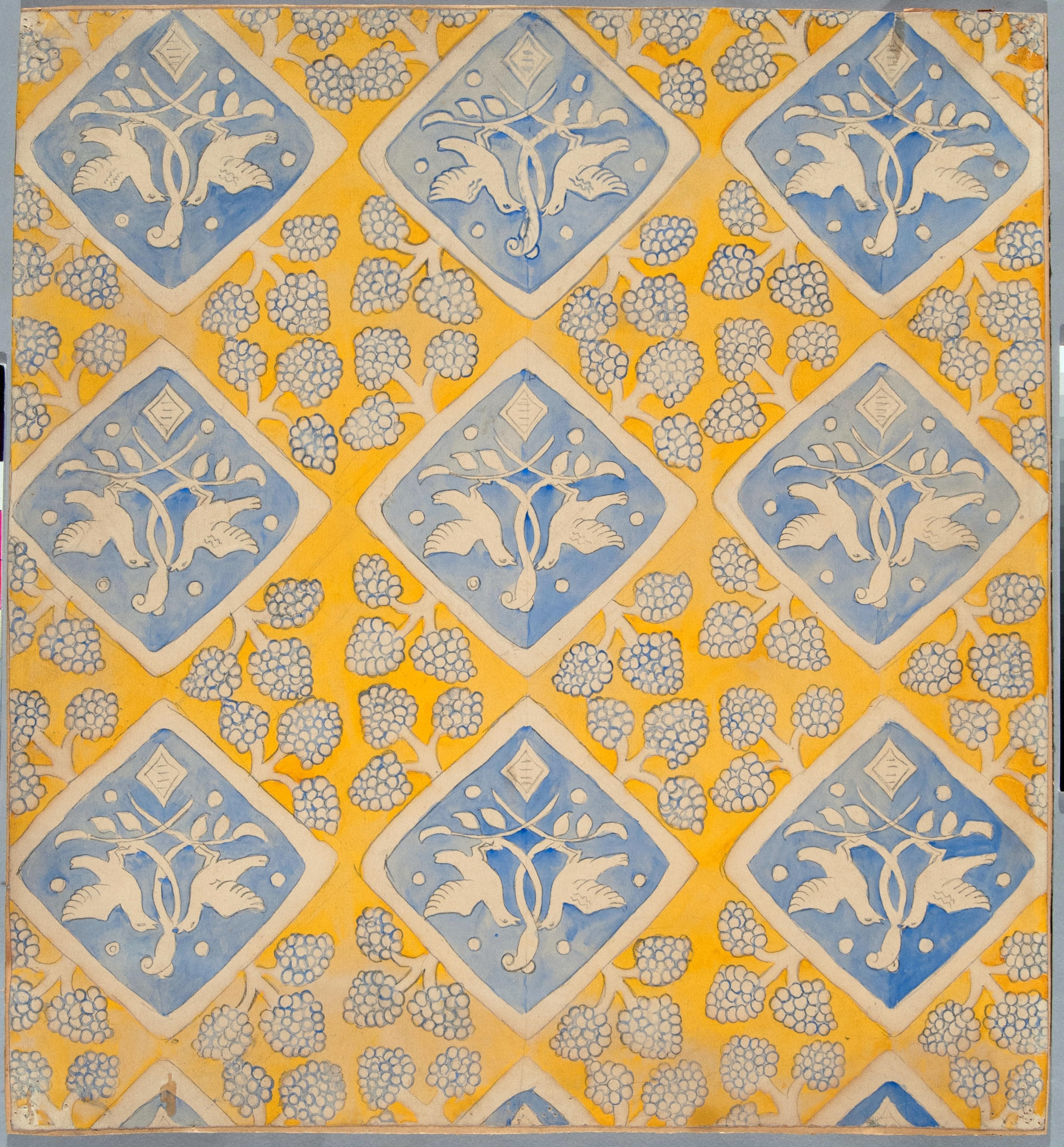 Utsnitt av et dekorativt mønster i blått på gult bakgrunn