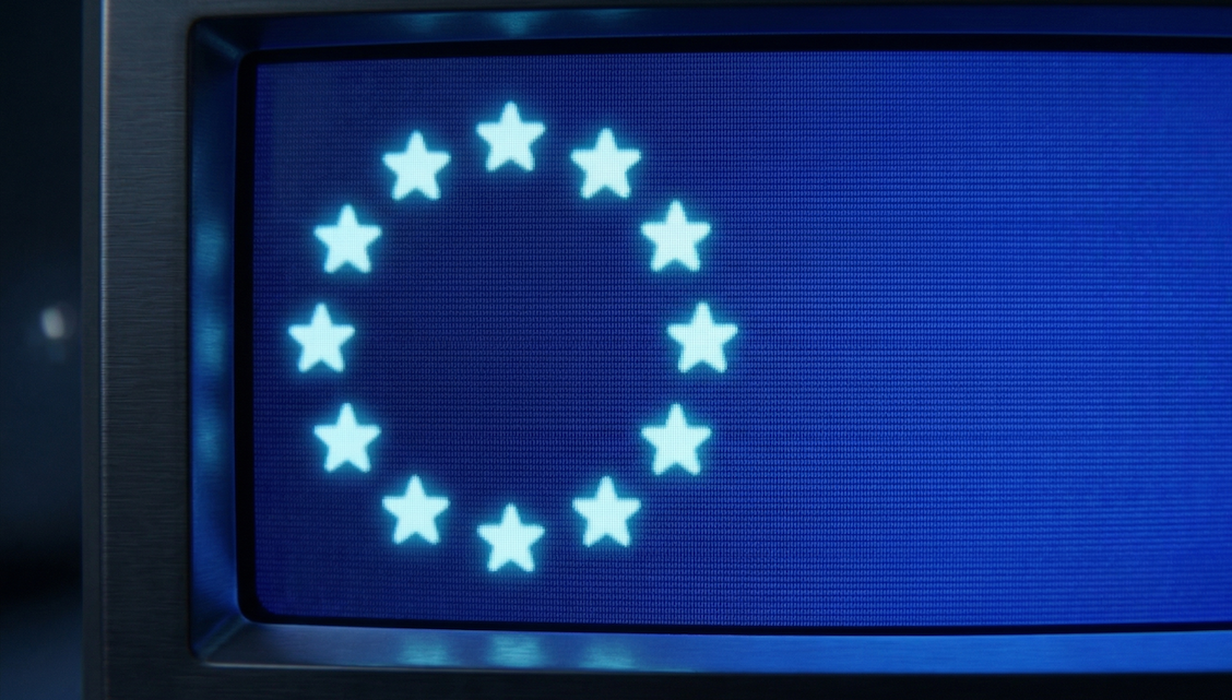 Digital screen showing the EU flag and stars