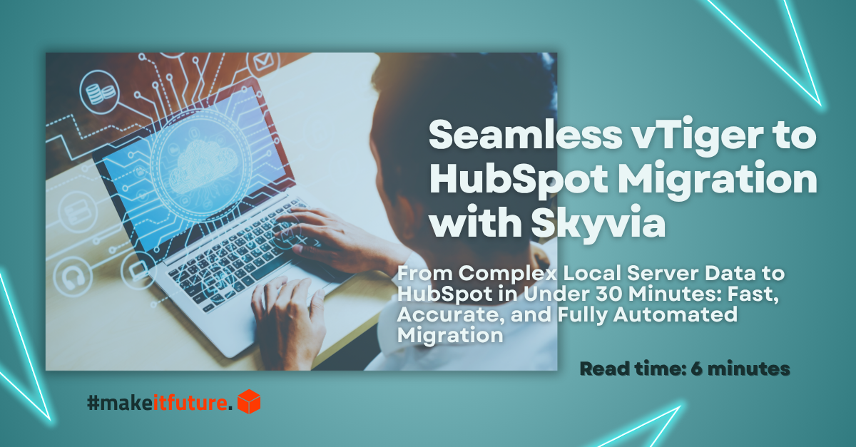 Case study banner for seamless vTiger to HubSpot CRM migration using Skyvia, completed in 24 minutes with 15,000 records migrated error-free