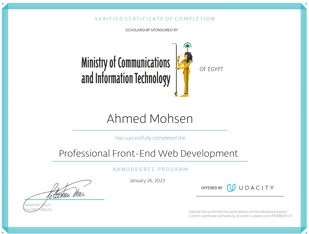 Udacity professional Web Development Track Nano degree Certificate 