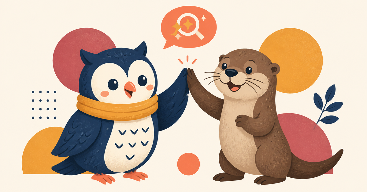 Scout the Foundable owl high-fiving the Otterly.AI otter to celebrate the partnership