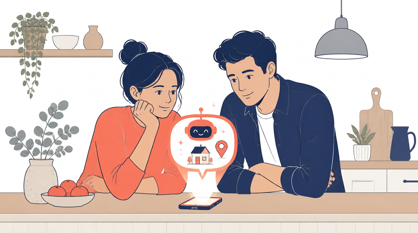 An Australian couple looking at an AI assistant on a phone for real estate advice