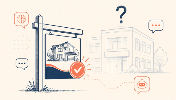 An AI-ready property listing board beside a faded outline of an agency office with a question mark above it