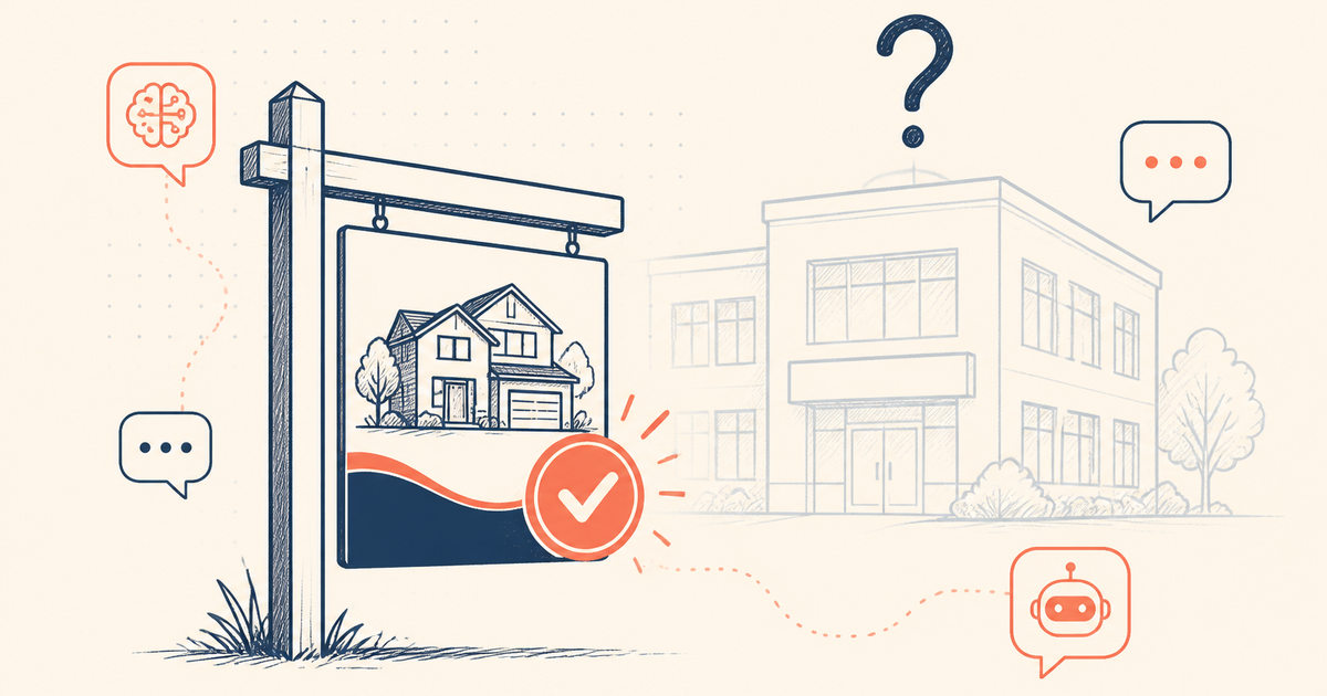An AI-ready property listing board beside a faded outline of an agency office with a question mark above it