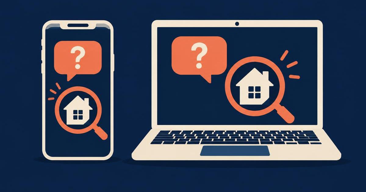 A phone and laptop showing a question bubble and a magnifying glass over a house, representing an agent checking what AI says about them