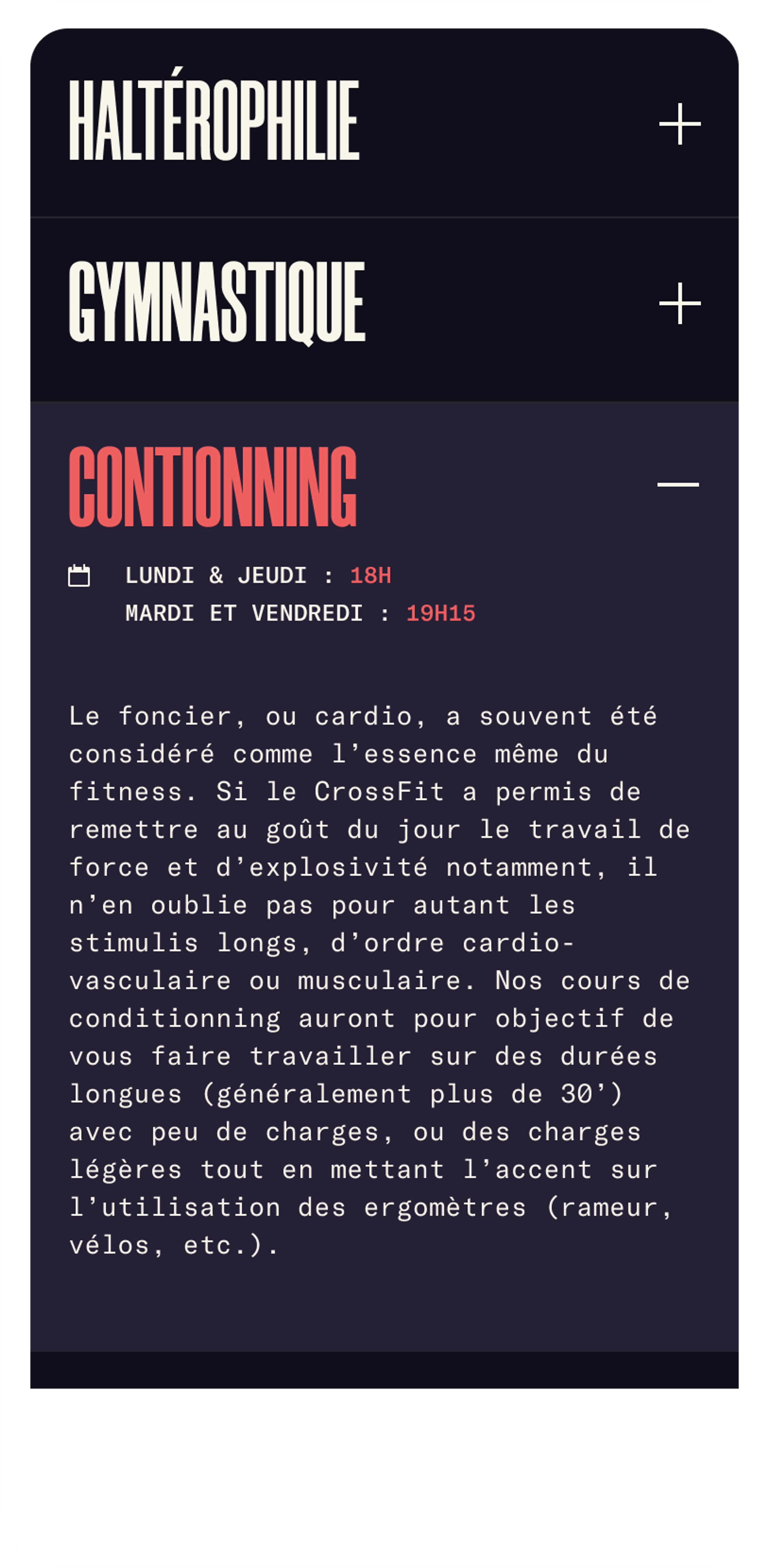 Mobile - showcase site Lyon - Crossfit des Pentes - accordions