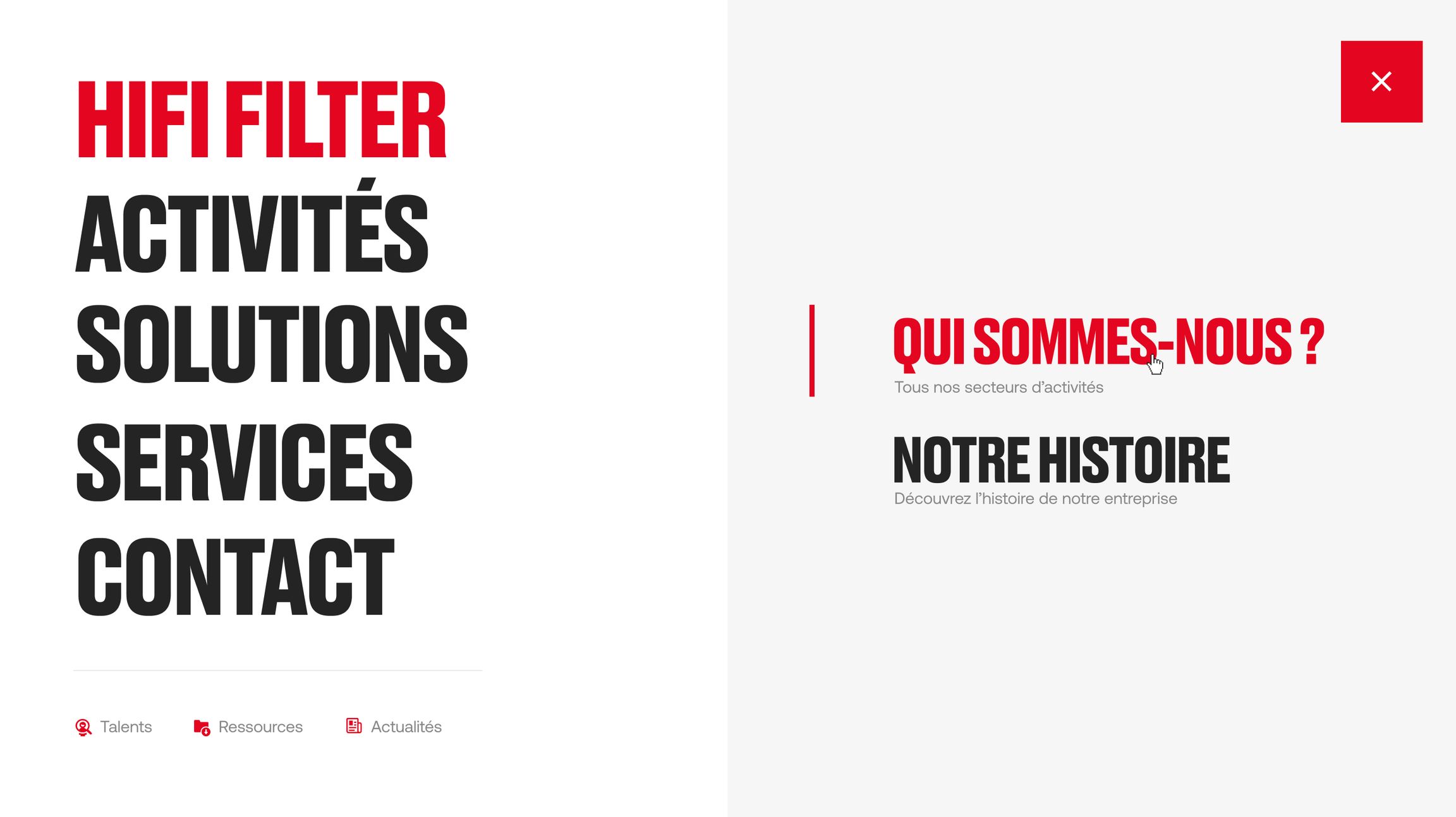 Custom website menu with high-fidelity filter