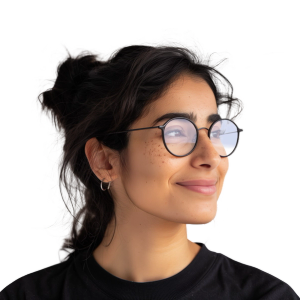 Image of woman looking to her left and wearing glasses