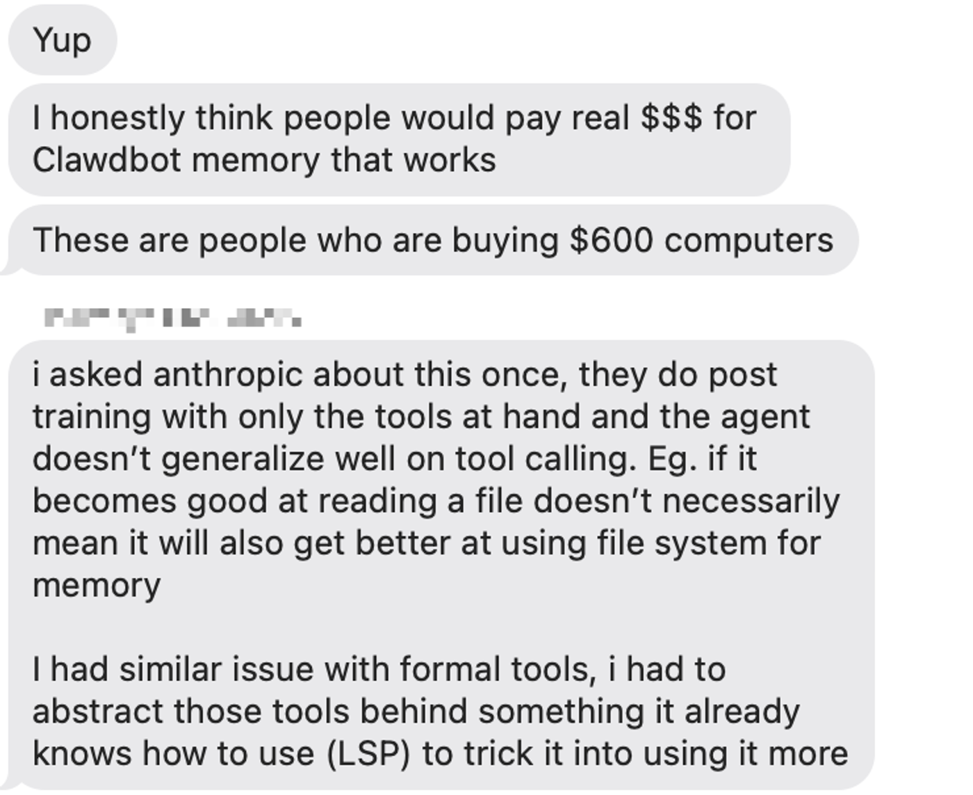 iMessage thread discussing why Clawdbot's memory tool calling is unreliable and abstracting tools behind an LSP