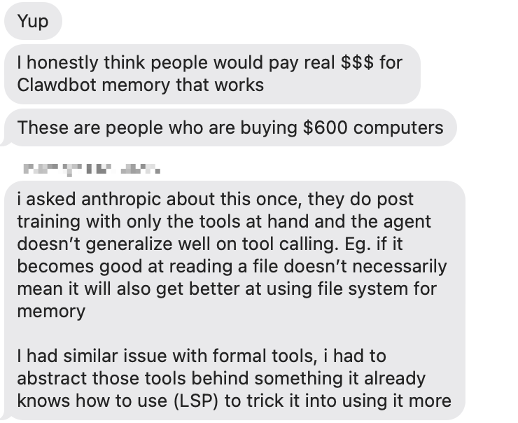 iMessage thread discussing why Clawdbot's memory tool calling is unreliable and abstracting tools behind an LSP