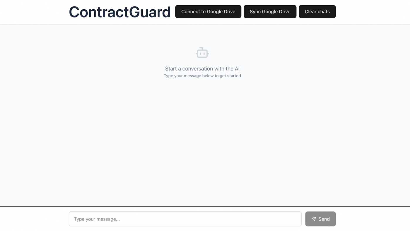 ContractGuard chat app with Connect/Sync Google Drive buttons and an empty "Start a conversation with the AI" state