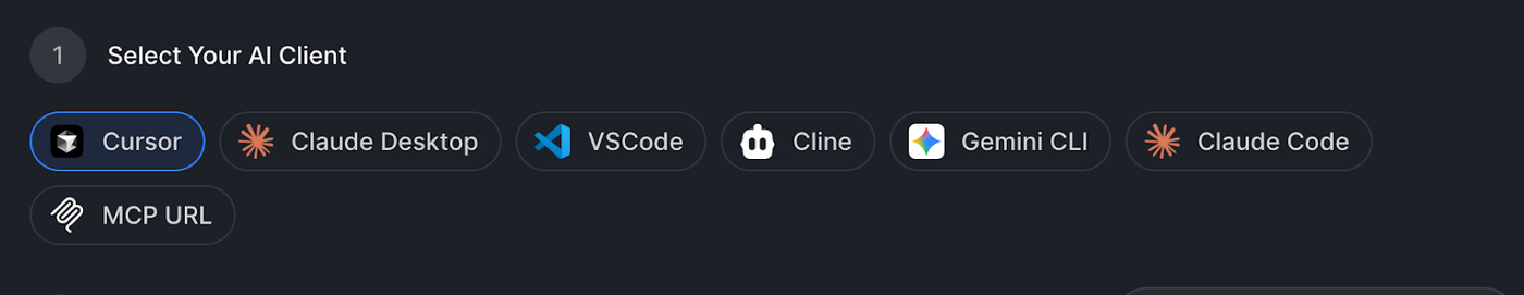 AI client selector listing Cursor, Claude Desktop, VSCode, Cline, Gemini CLI, Claude Code, and an MCP URL option