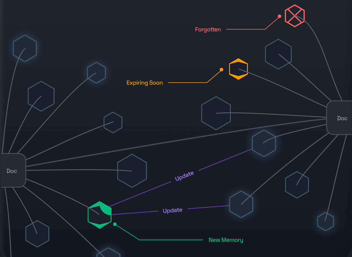 Memory graph linking two Doc nodes with hexagonal memories labeled Forgotten, Expiring Soon, Update, and New Memory