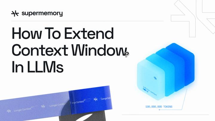 Blog banner reading "How To Extend Context Window In LLMs" with blue 3D blocks labeled 100,000,000 tokens