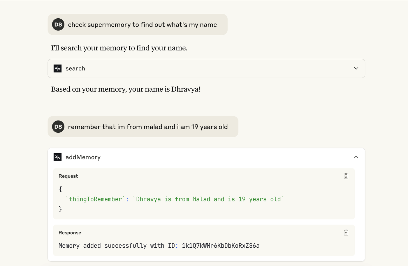 Chat demo where Supermemory recalls the user's name and stores a new memory via an addMemory tool call