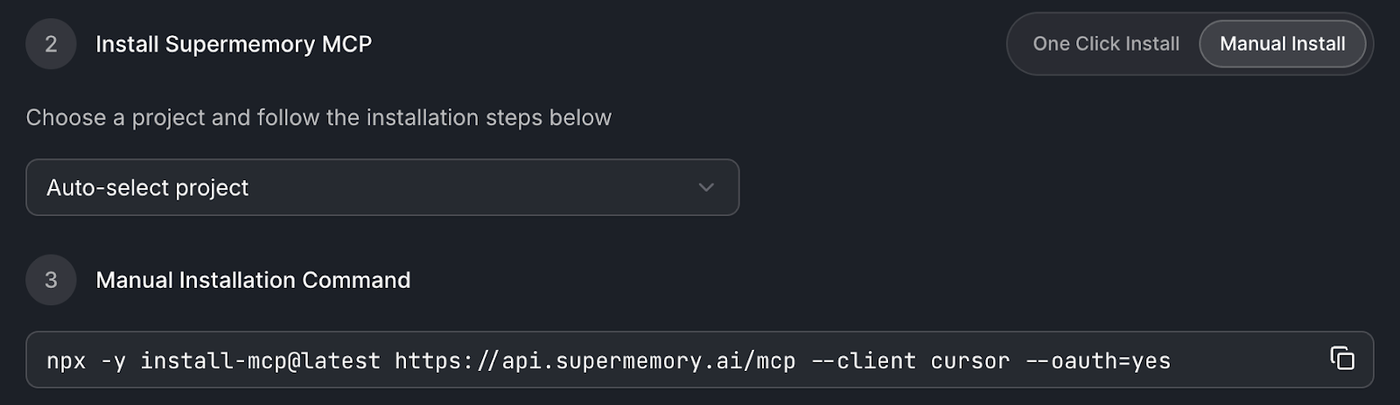 Manual install step showing the npx install-mcp command for the Supermemory MCP with the cursor client and OAuth