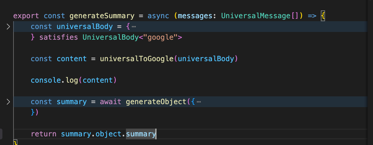 TypeScript code for generateSummary converting a universal message body to Google format, then calling generateObject
