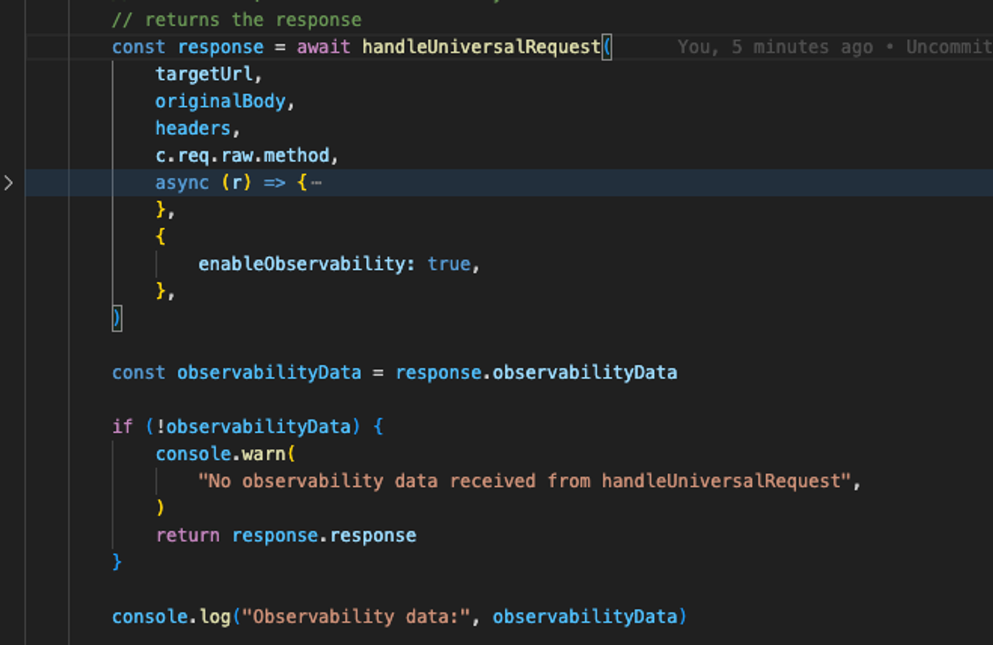 TypeScript code calling handleUniversalRequest with observability enabled, then logging the returned data