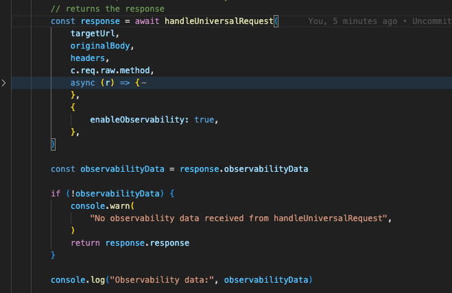 TypeScript code calling handleUniversalRequest with observability enabled, then logging the returned data